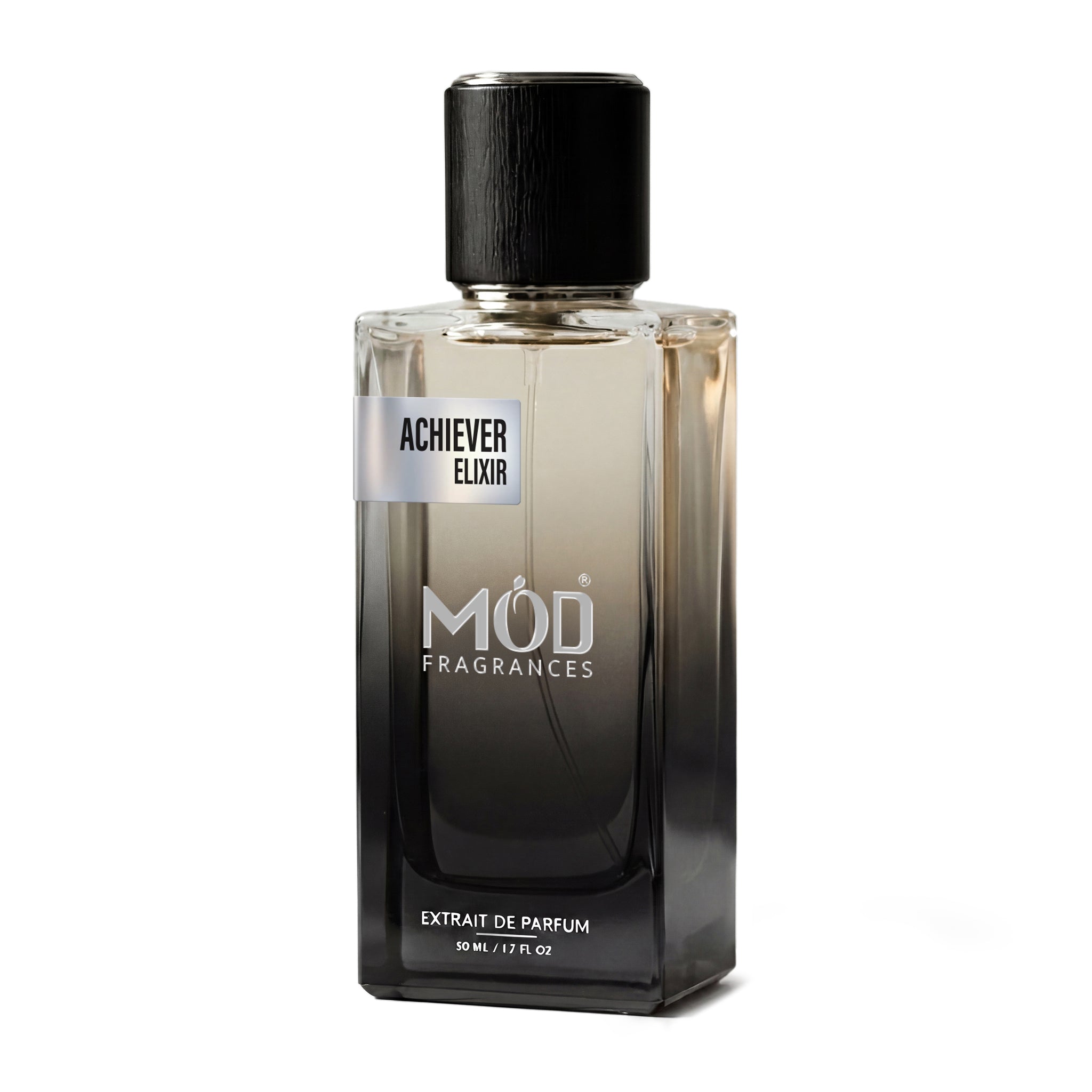 A rectangular glass perfume bottle by MOD Fragrances, labeled “Achiever Elixir” stands centered against a plain white background, featuring a black cap and a gradient black-to-clear glass finish.