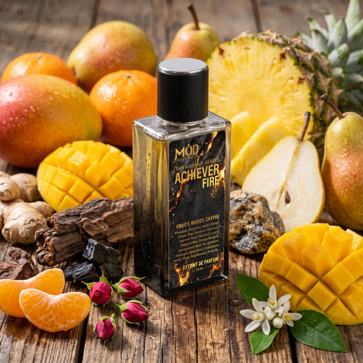 Achiever Fire Perfum Bottle Mod Fragrances The Mashup Series. Black color. Aventus, Blue Talisman and God of Fire Hybrid pineapple, mango 