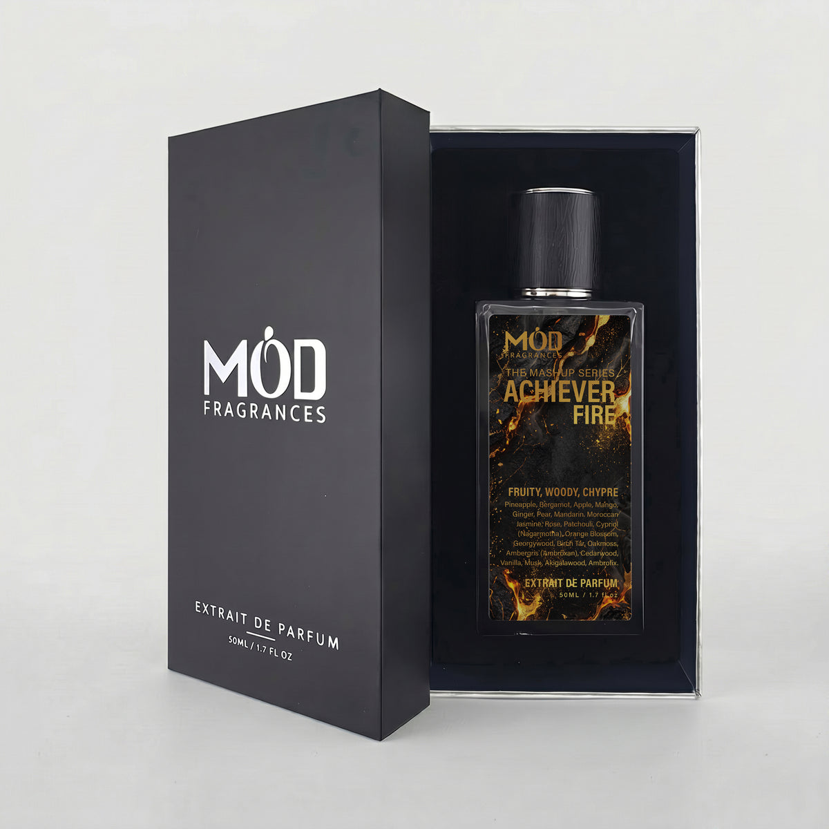 Achiever Fire Perfum Bottle Mod Fragrances The Mashup Series. Black color. Aventus, Blue Talisman and God of Fire Hybrid inside cuffin gift box