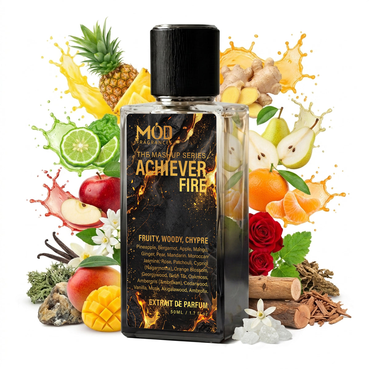 Achiever Fire Perfum Bottle Mod Fragrances The Mashup Series. Black color. Aventus, Blue Talisman and God of Fire Hybrid. Surrounded by perfume ingredients. 