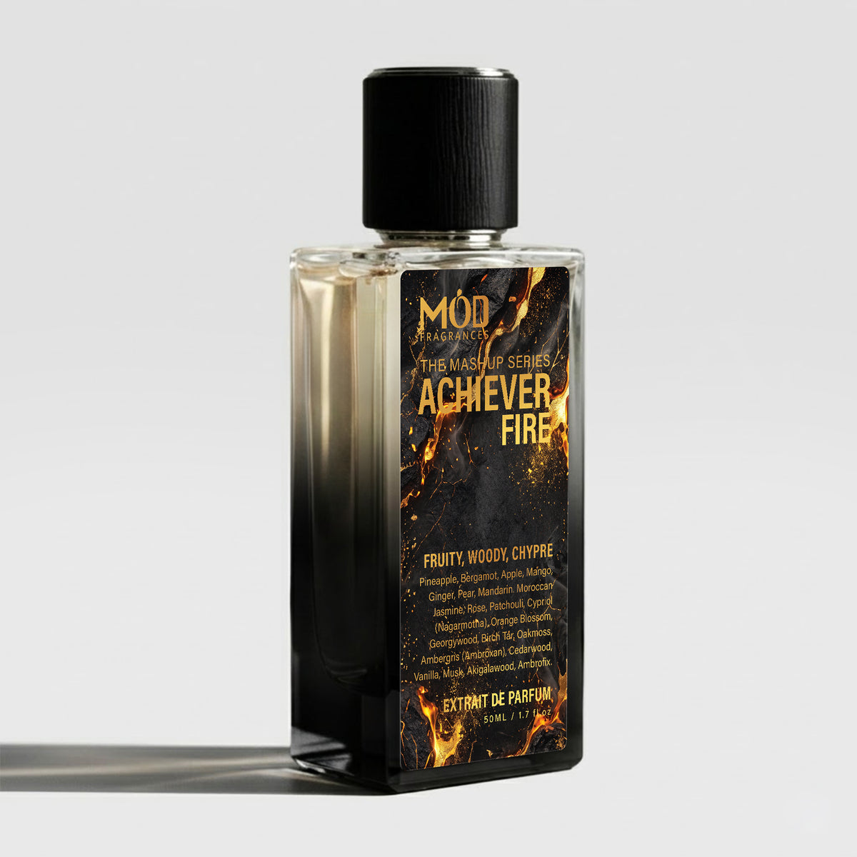 Achiever Fire Perfum Bottle Mod Fragrances The Mashup Series. Black color. Aventus, Blue Talisman and God of Fire Hybrid Angled View