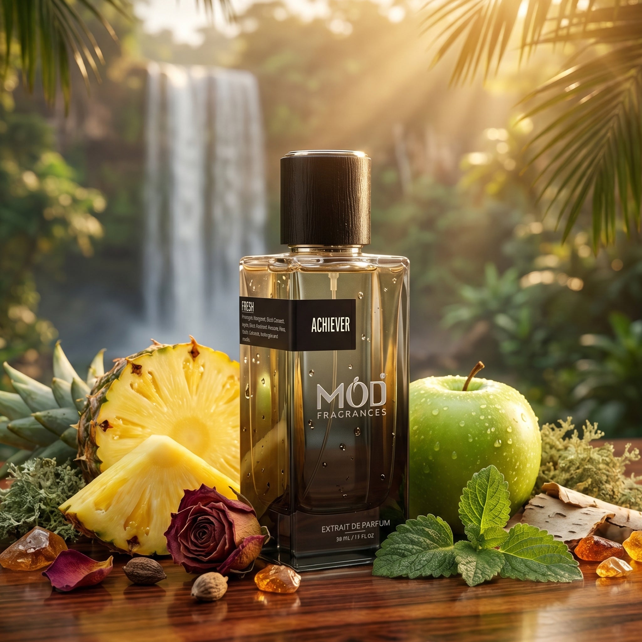 MOD Fragrances 50ml, premium perfume bottle of "Achiever" fresh & fruity best selling fragrance for men, inspired by "Aventus", standing inside lush green tropical forest with waterfall in the background, the bottle is standing in between fresh fruits and ingredients like, pineapple, rose, apple, patchouli, oakmoss, amber and woody notes