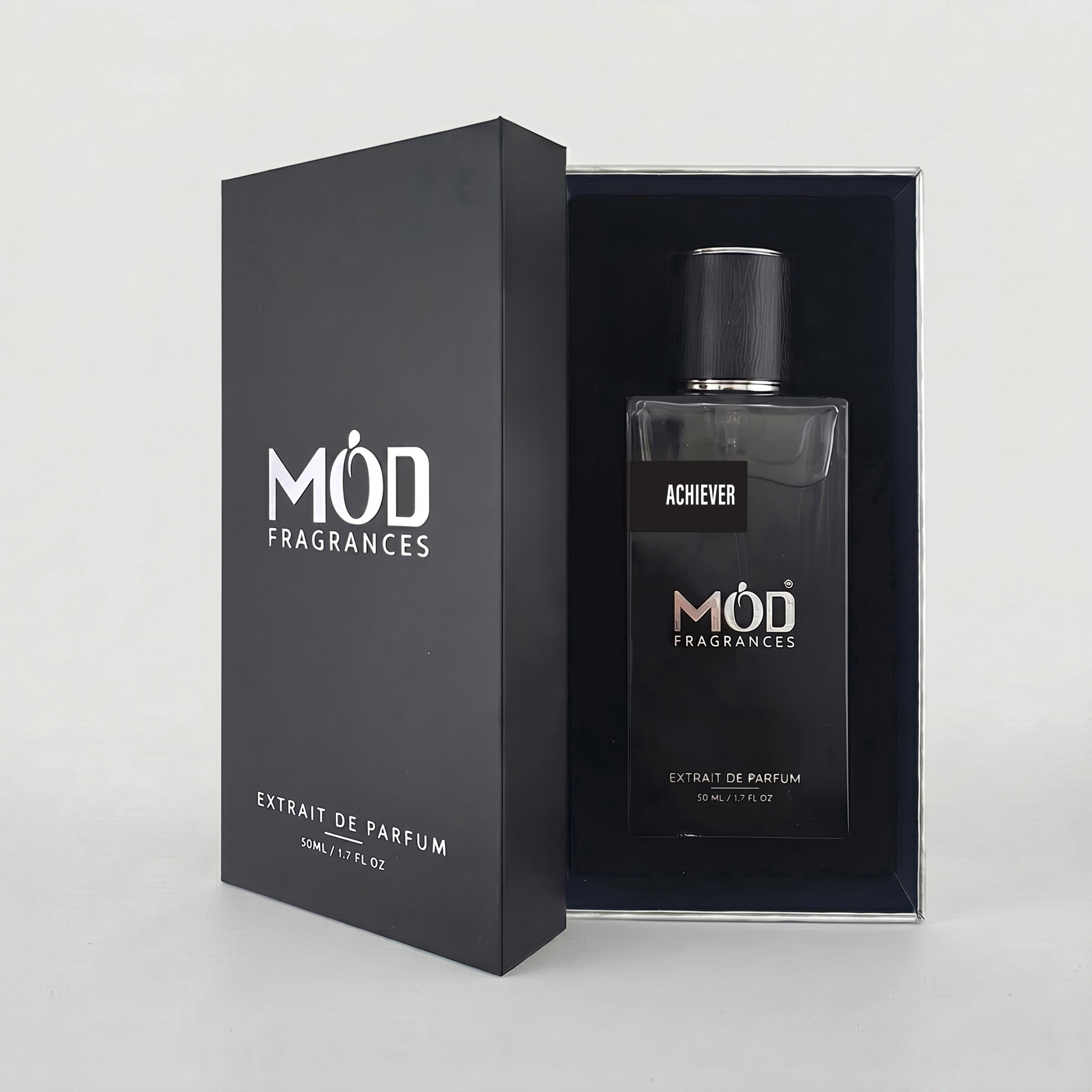 MOD Fragrances 50ml, premium perfume bottle and box of "Achiever" fresh & fruity best selling fragrance for men, inspired by "Aventus", placed vertically on white background.