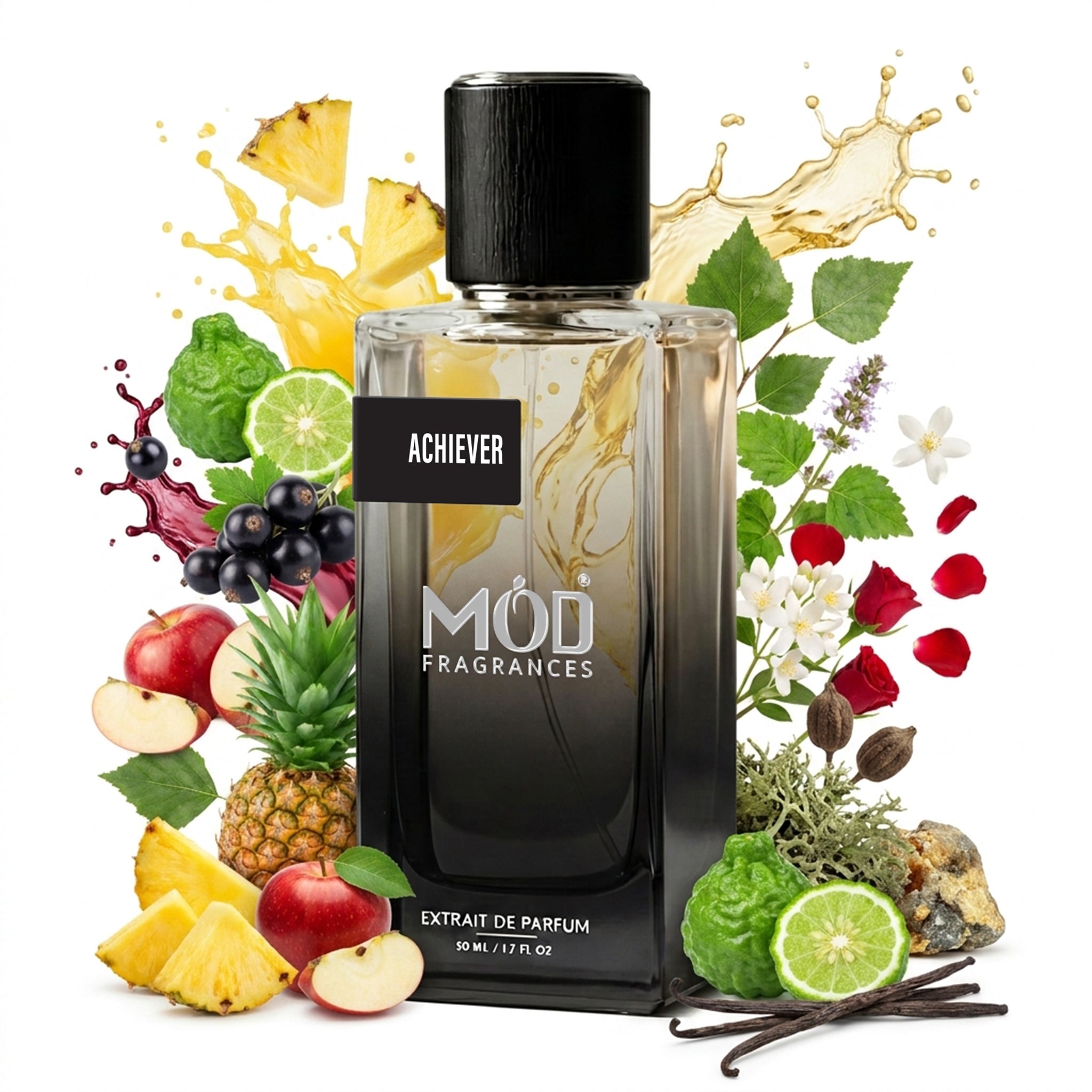 MOD Fragrances 50ml, premium perfume bottle of "Achiever" fresh & fruity best selling fragrance for men, inspired by "Aventus", and premium ingredients are scattered around the bottle, placed vertically on white background.