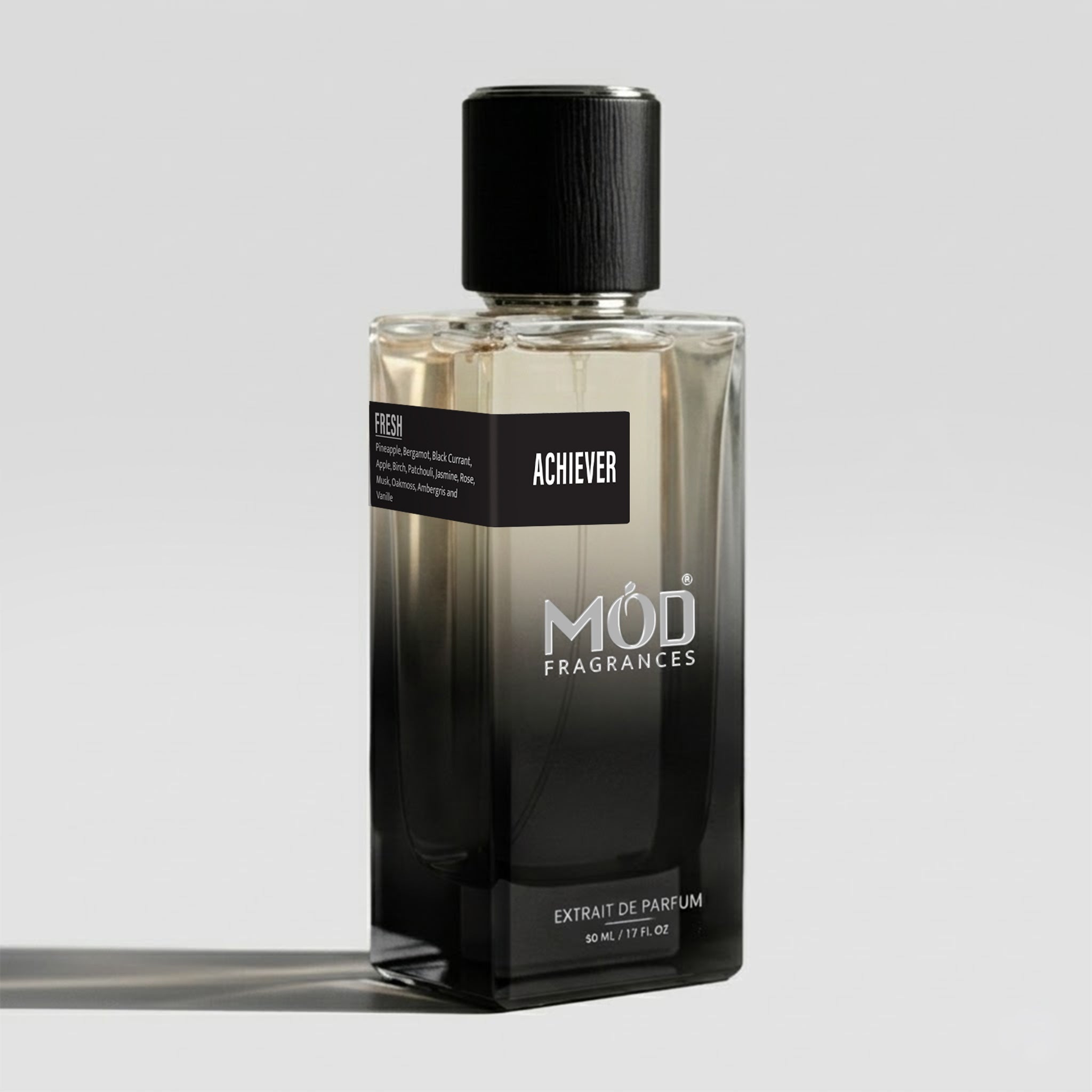 MOD Fragrances 50ml, premium perfume bottle of "Achiever" fresh & fruity best selling fragrance for men, inspired by "Aventus", placed vertically on white background.