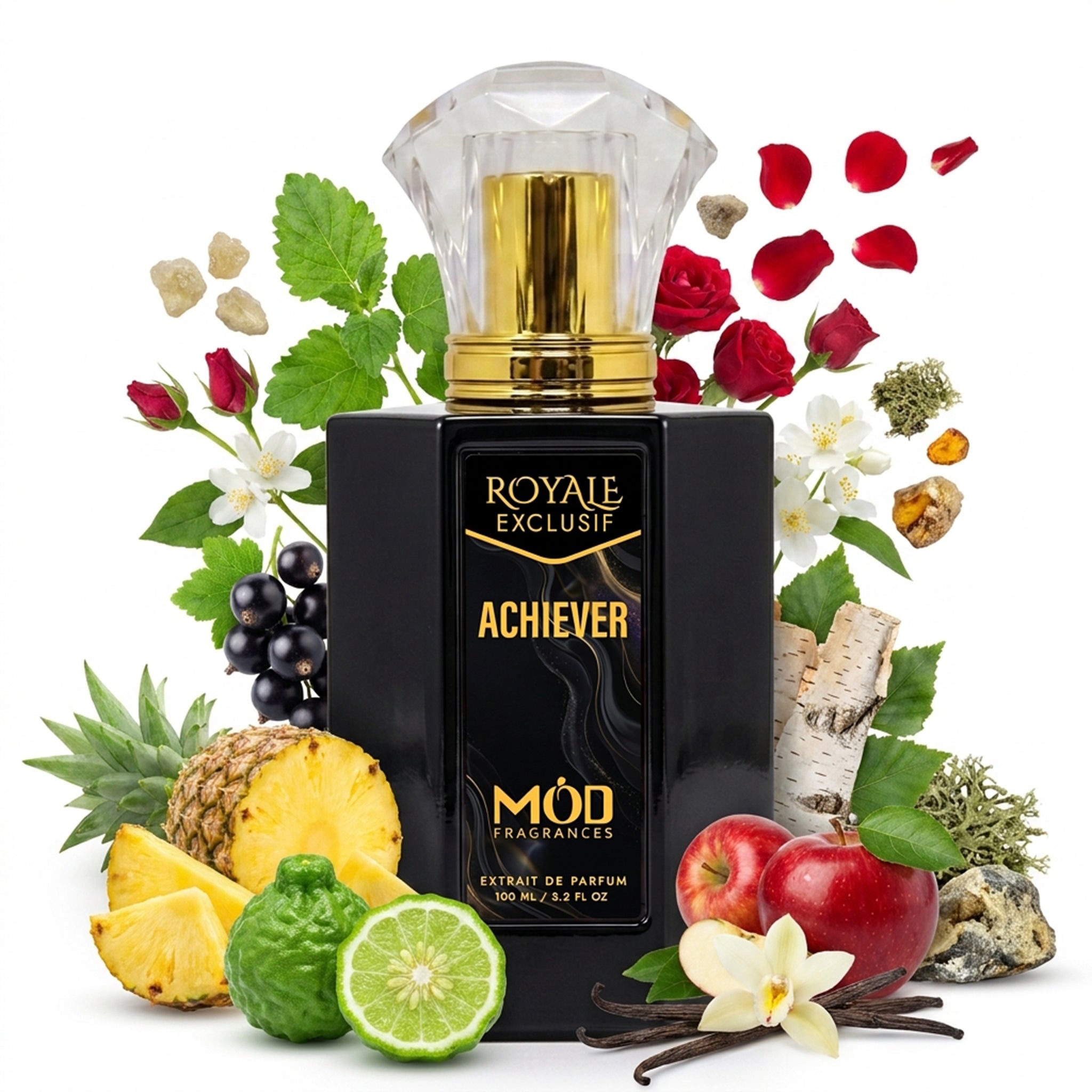 Royale Exclusif Achiever by MOD fragrance, 100ml luxury black bottle with splashing ingredients like black berries, pineapple, red apple, bergamot, birch tree, ambergris, vanilla, rose and amber on white background