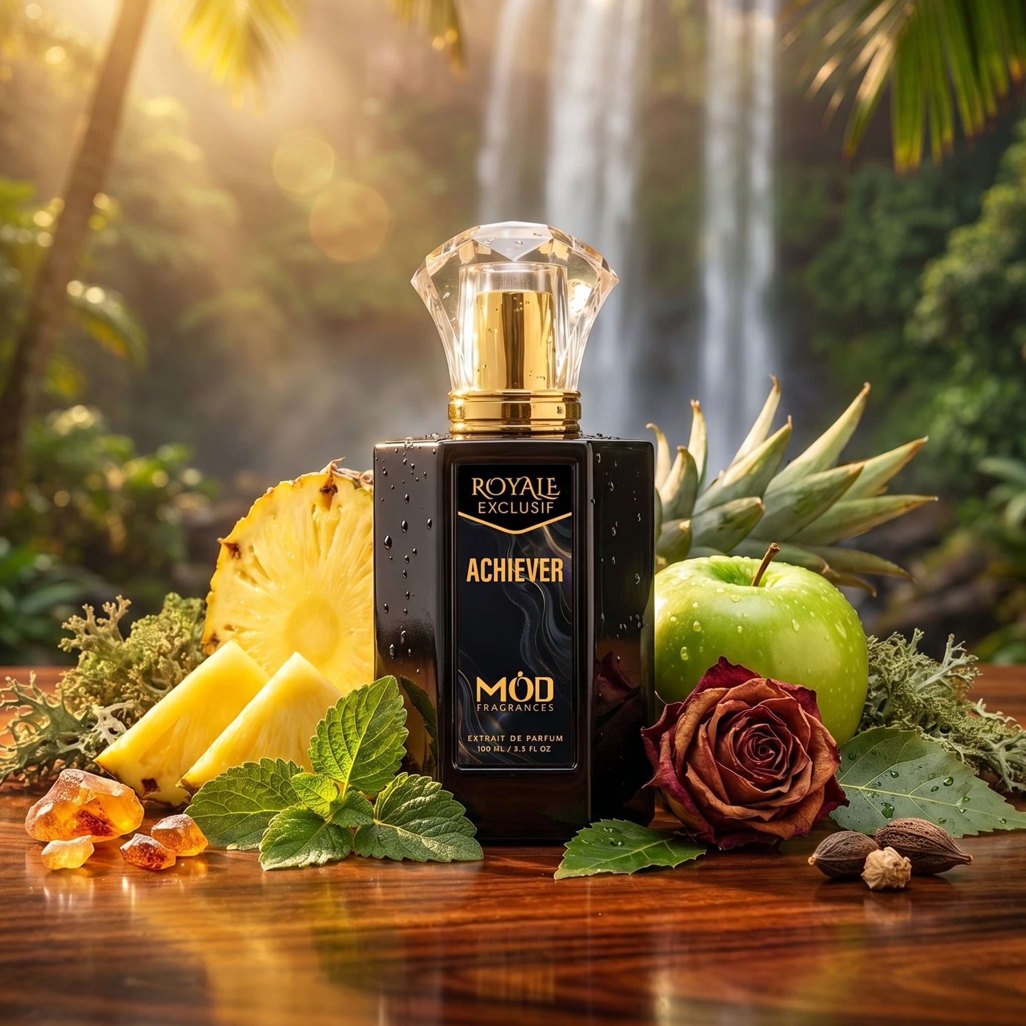 Royale Exclusif Achiever by MOD fragrance, 100ml luxury black bottle with  ingredients arranged around bottle like black berries, pineapple, green apple, bergamot, birch tree, ambergris, vanilla, rose and amber on lush tropical forest with waterfall in the background