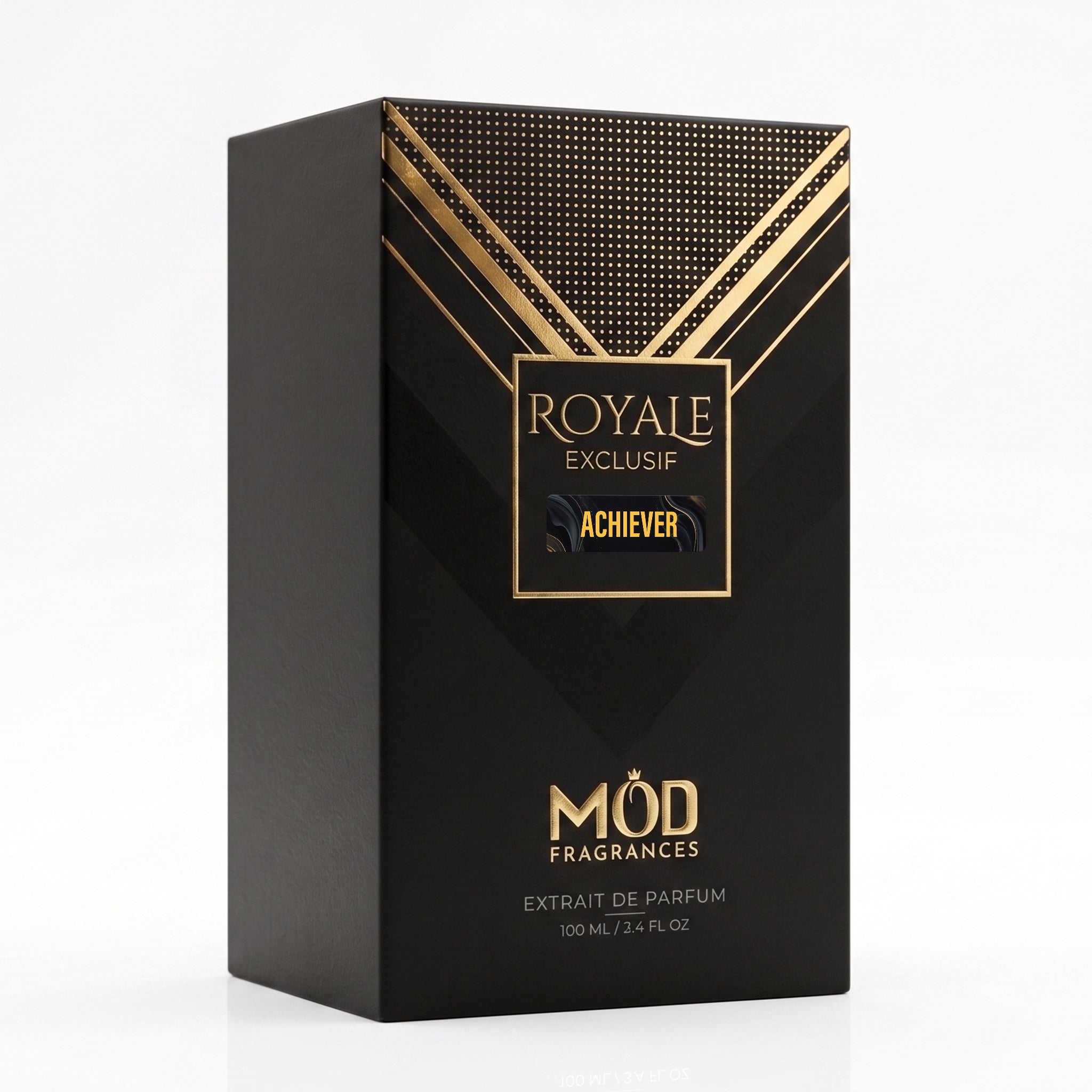 Royale Exclusif Achiever by MOD fragrance, 100ml luxury black box on white background