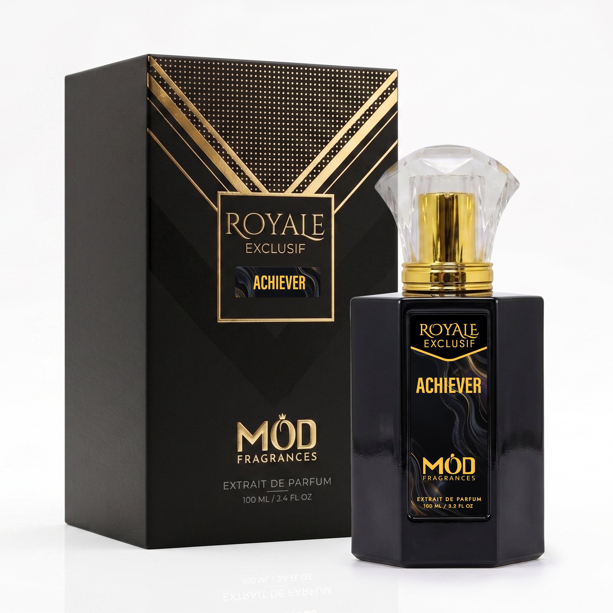 Royale Exclusif Achiever by MOD fragrance, 100ml luxury black bottle and box on white background