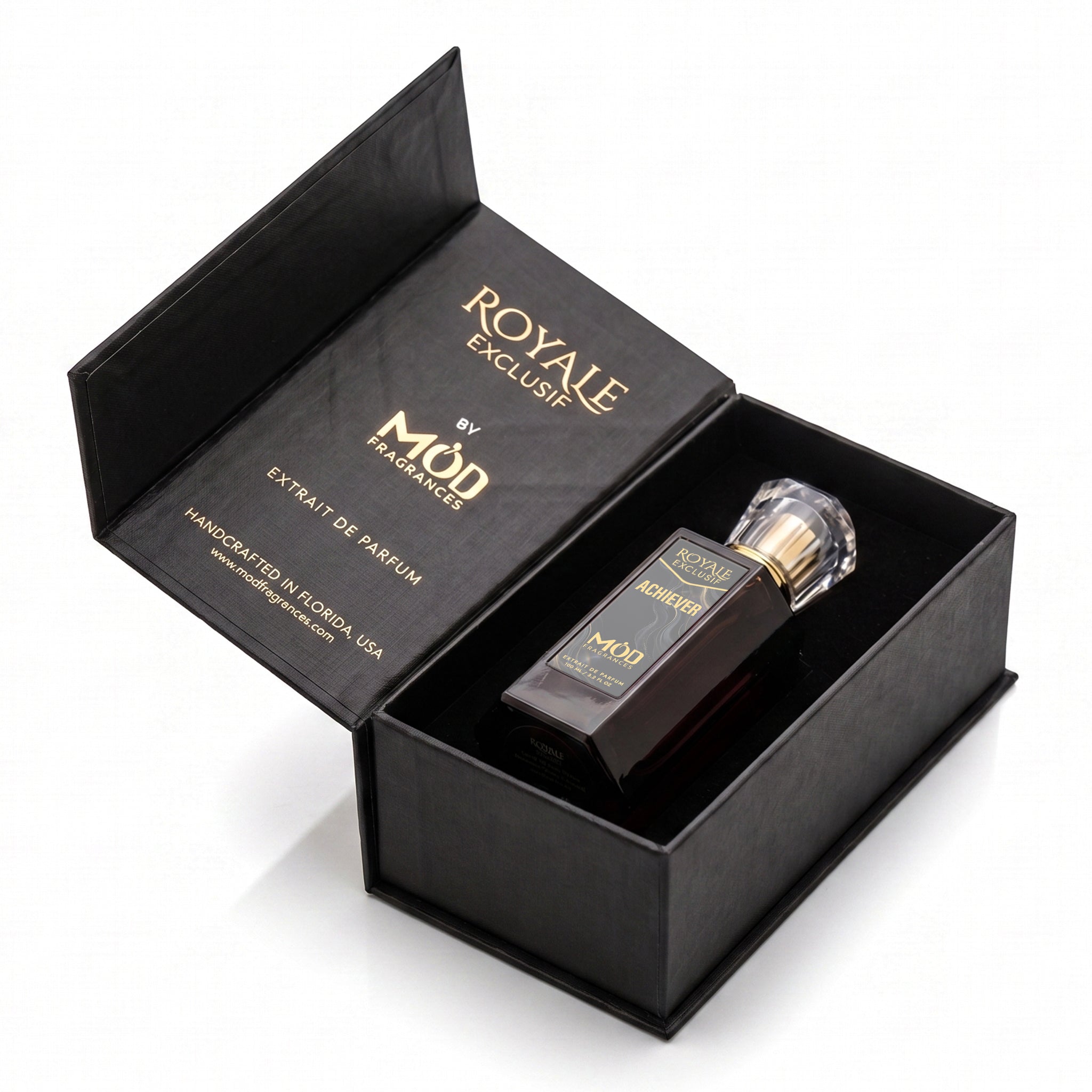 Royale Exclusif Achiever by MOD fragrance, 100ml luxury black box on white background