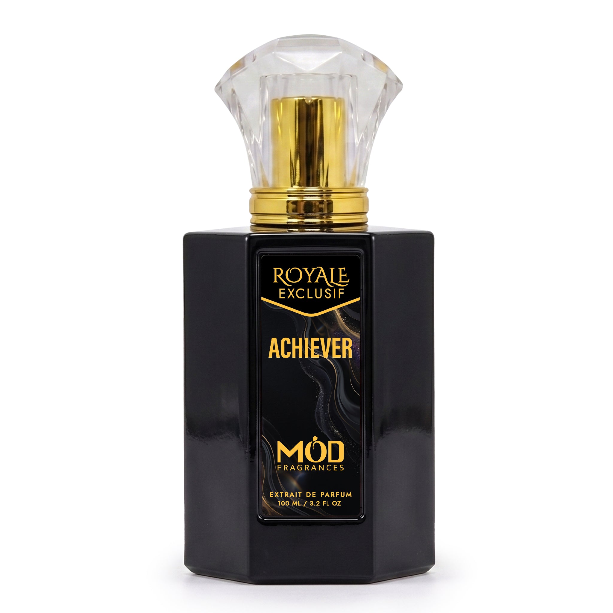 Royale Exclusif Achiever by MOD fragrance, 100ml luxury black bottle on white background
