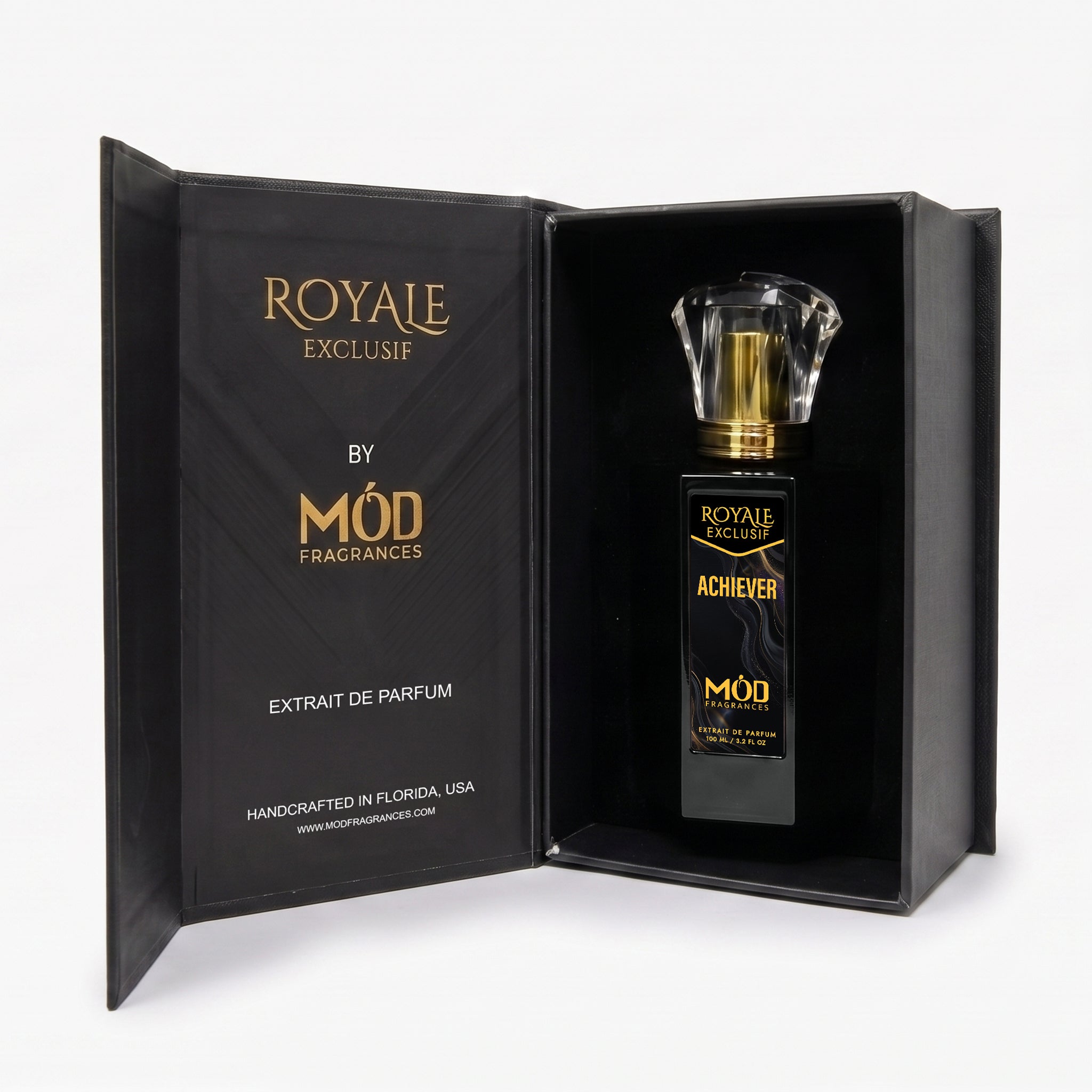 Royale Exclusif Achiever by MOD fragrance, 100ml luxury black box on white background