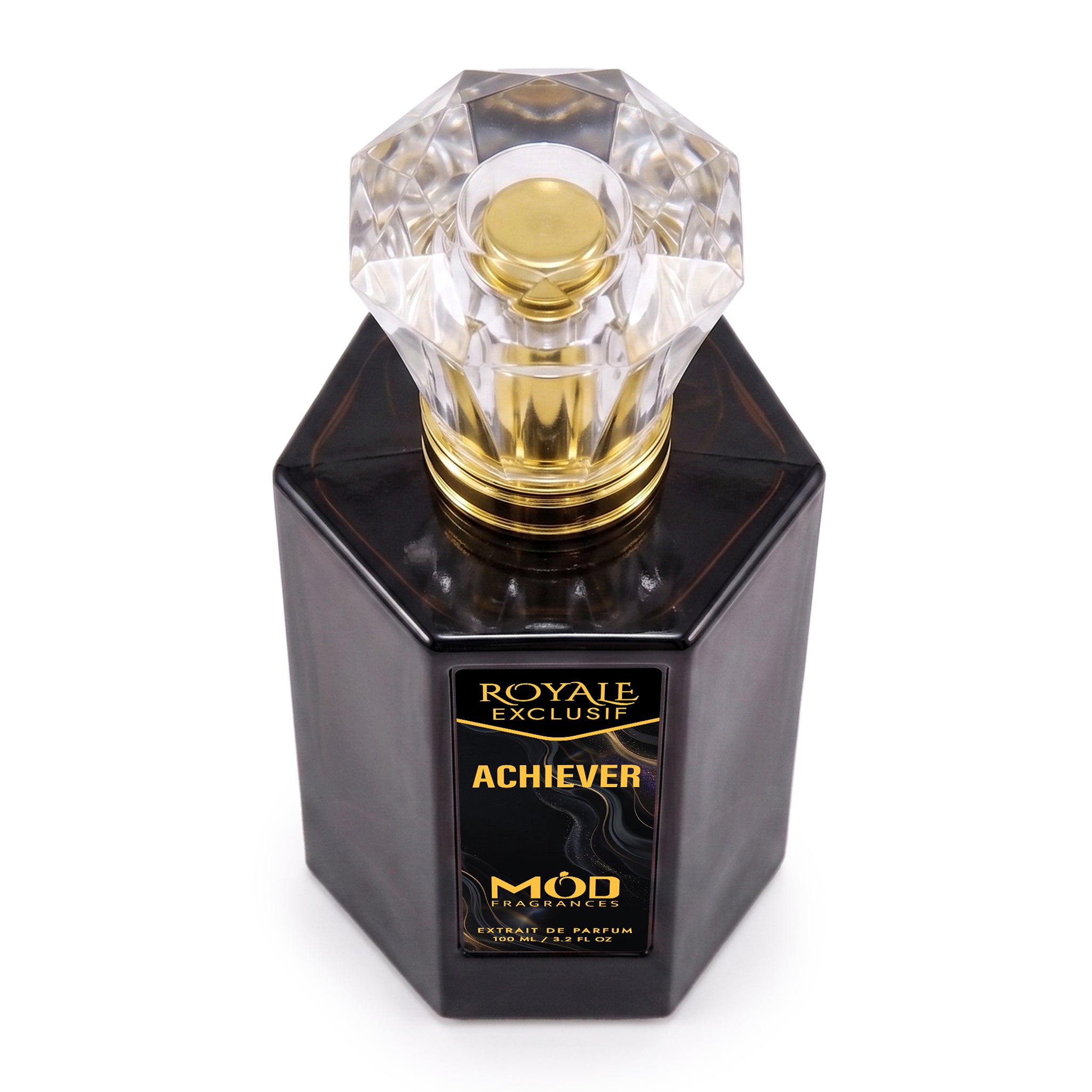 Royale Exclusif Achiever by MOD fragrance, 100ml luxury black bottle  on white background