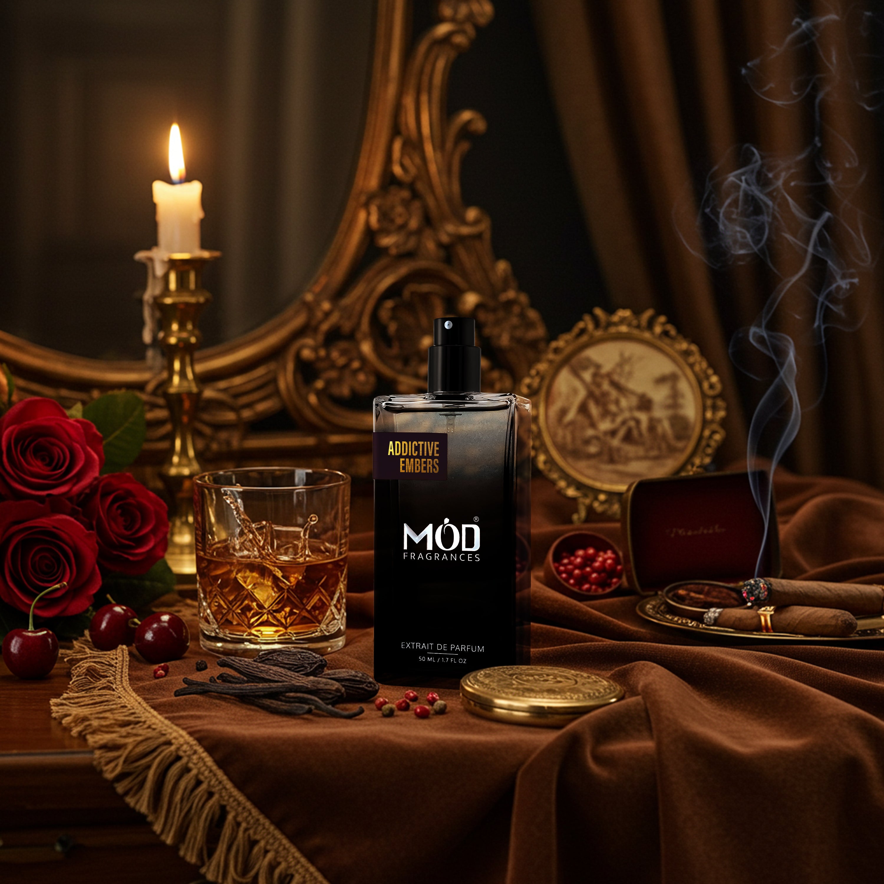 Möd Fragrances bottle on a table with candles, roses, and other decorative items.