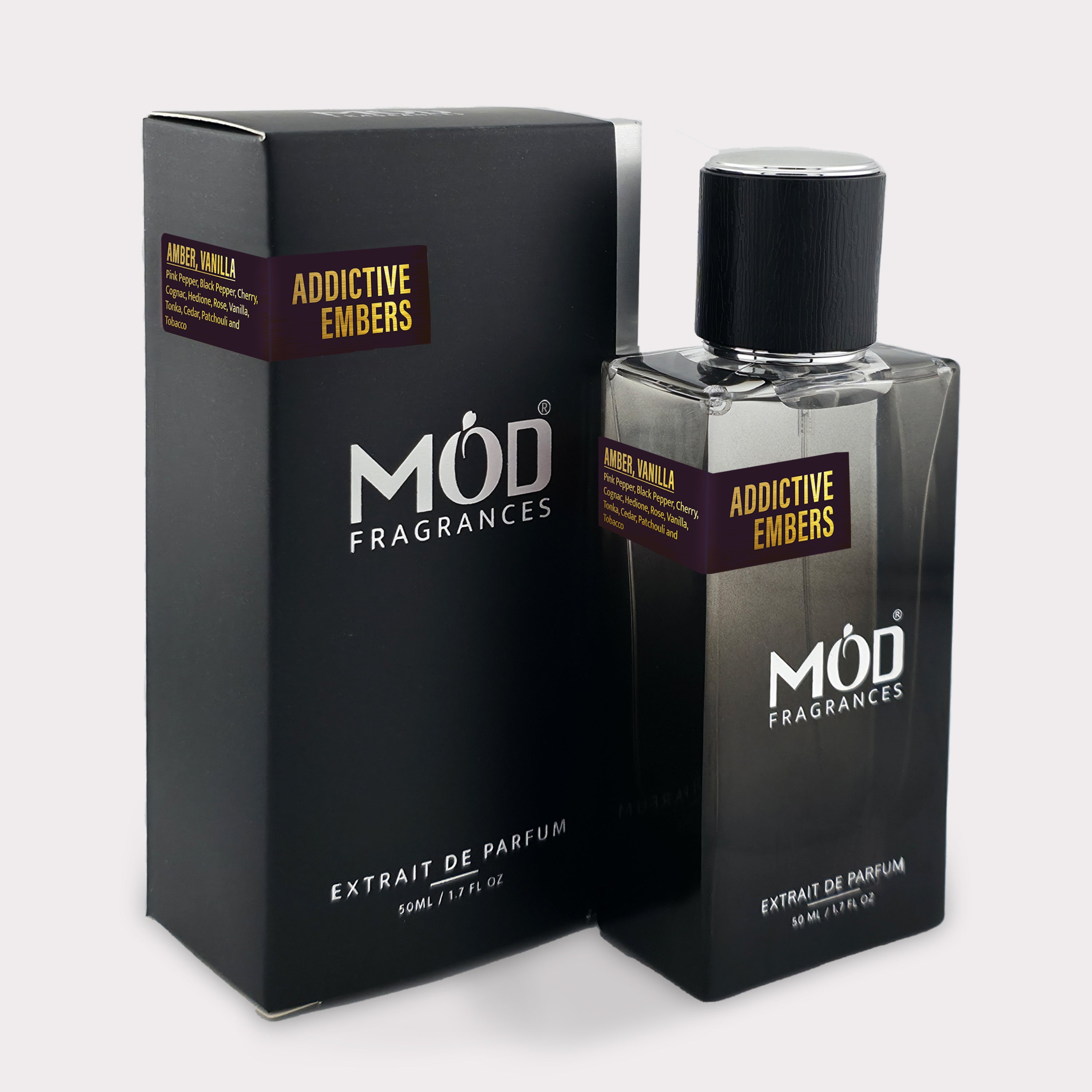 Möd Fragrances Addictive Embers perfume bottle and packaging on a white background