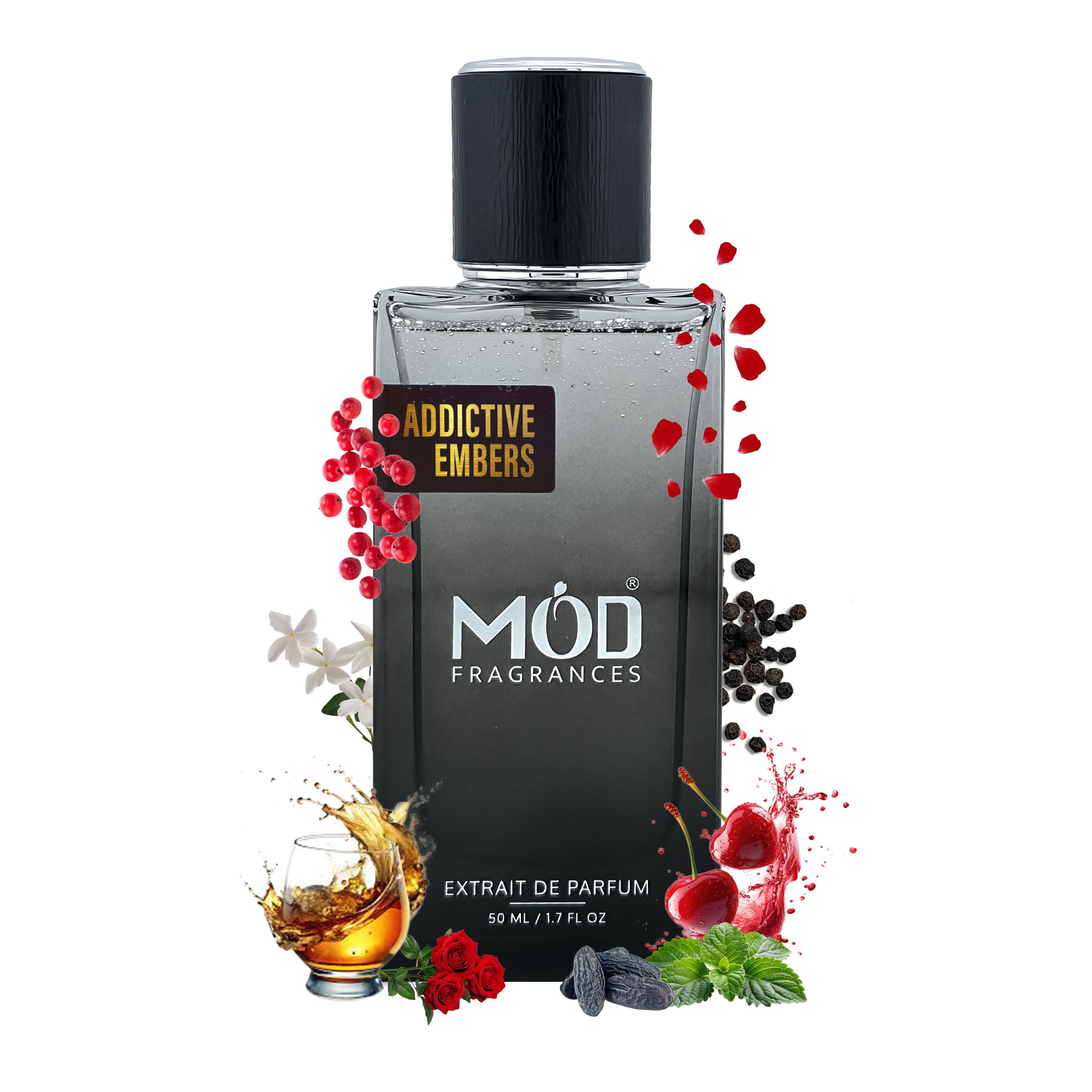 Narcotic Delight Dupe Perfume bottle labeled 'Addictive Embers' by MOD Fragrances with decorative elements on a white background