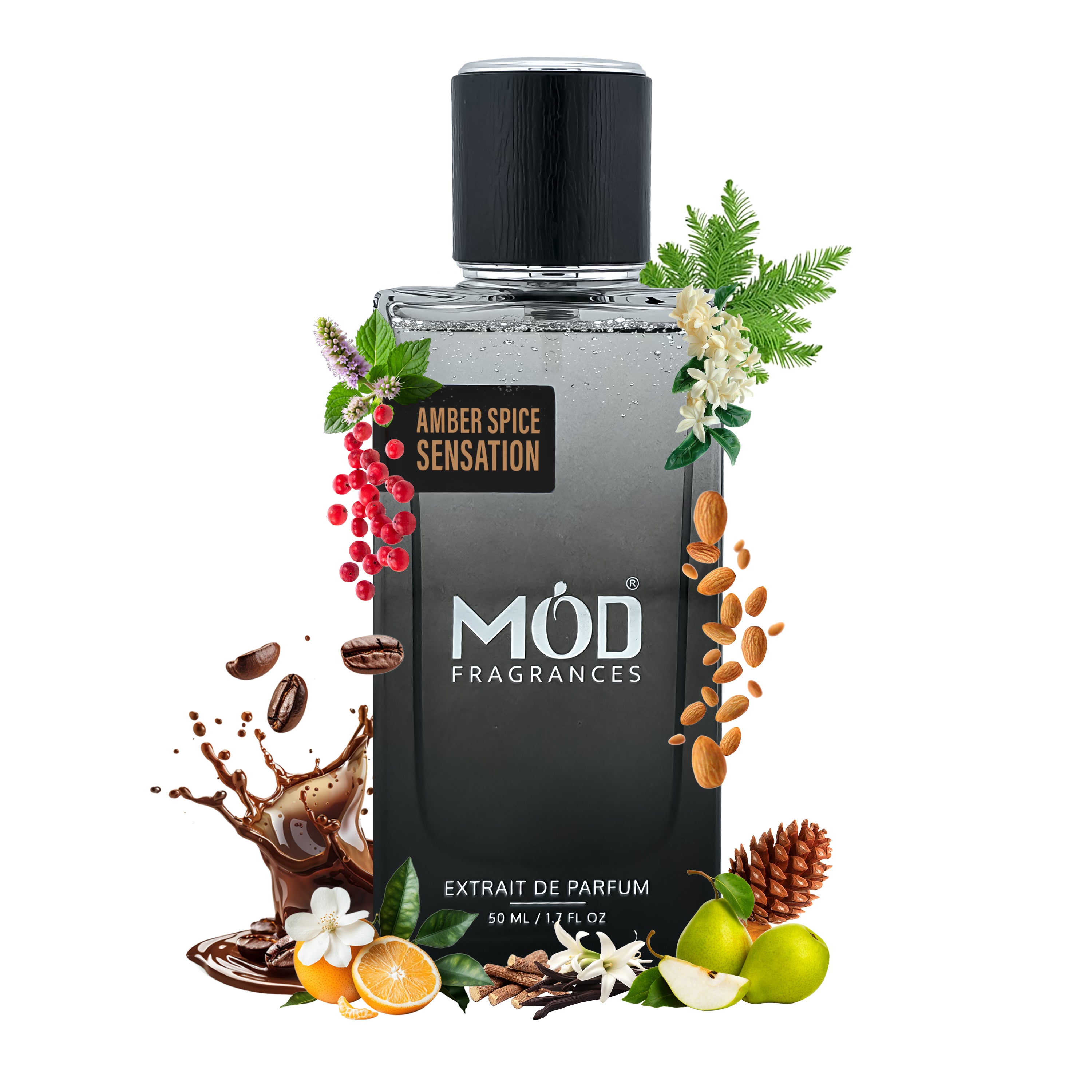 MOD Fragrances bottle with decorative elements on a white background