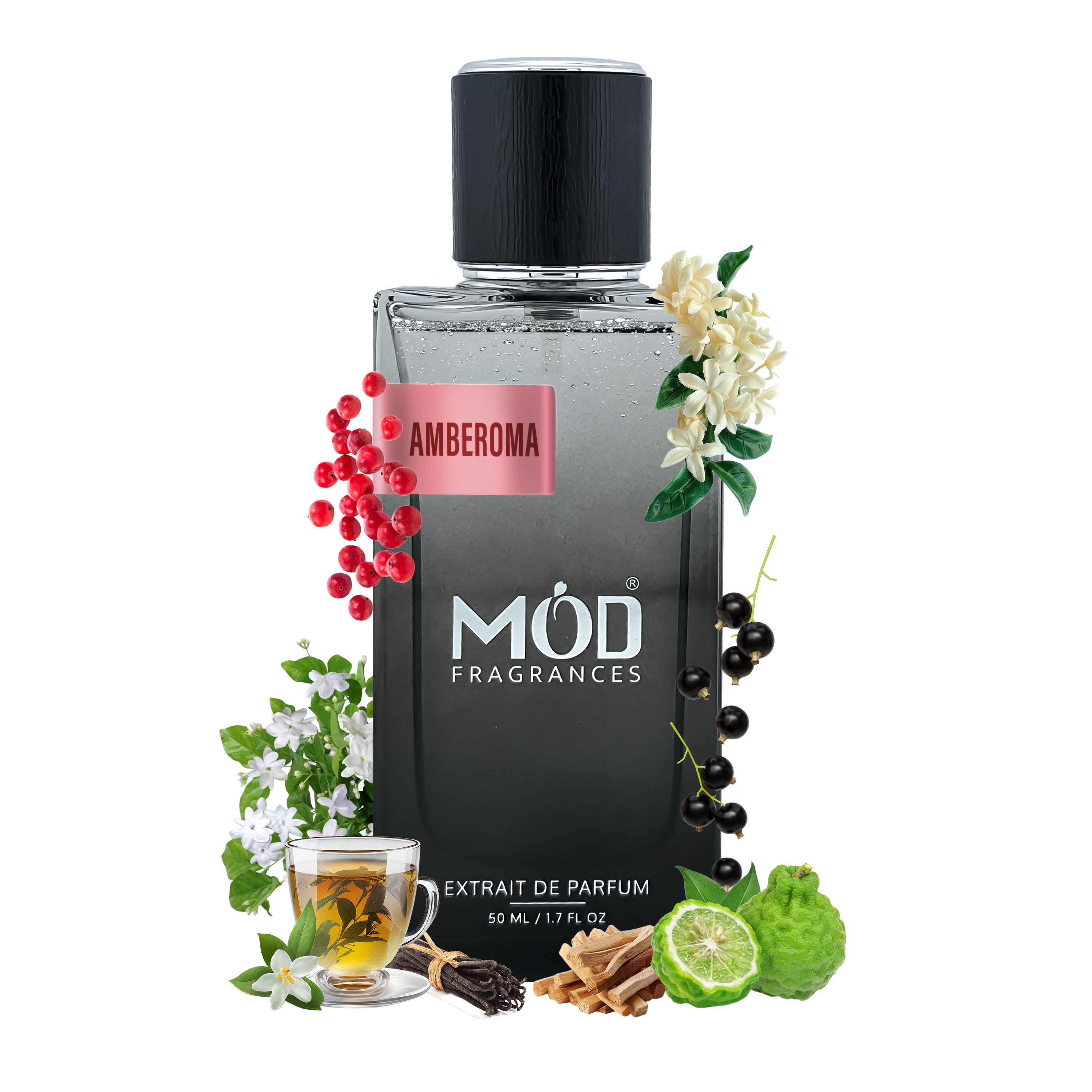 Inspired by Donna Born In Roma  Möd Fragrances bottle with floral and tea elements on a white background