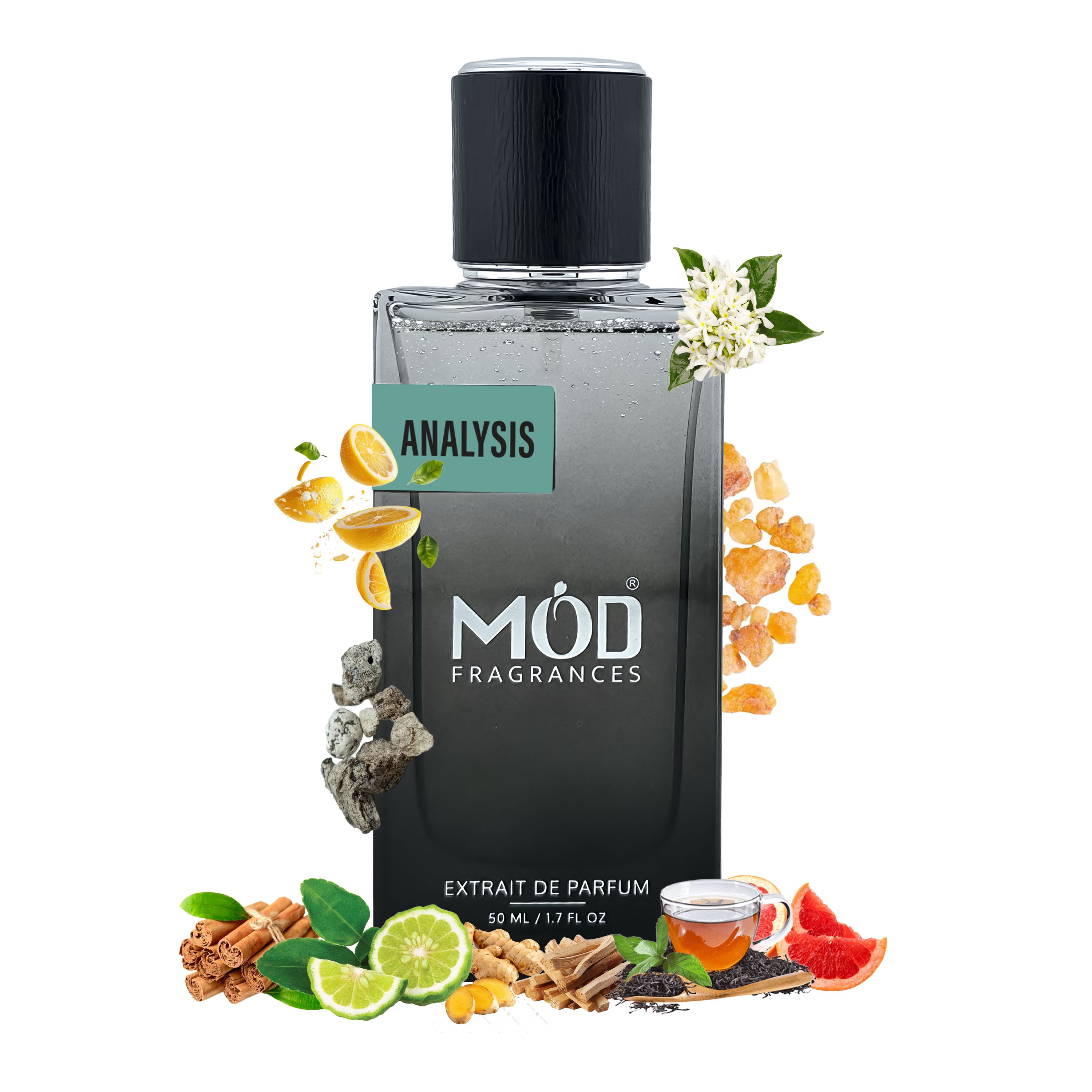 Inspired by Imagination Perfume Dupe  Perfume bottle labeled 'Analysis' by Möd Fragrances with floral and fruit elements on a white background