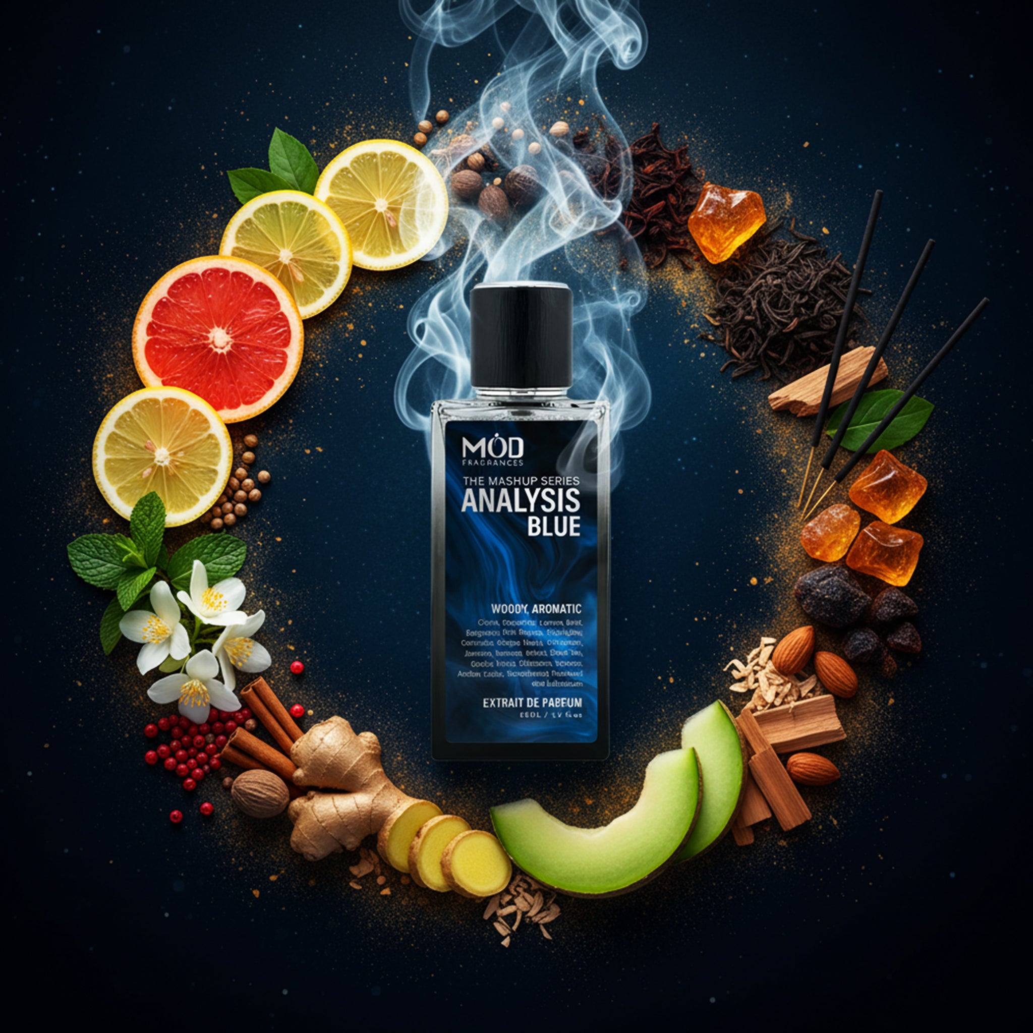 Bottle of Möd Analysis Blue surrounded by fruits, spices, and flowers on a dark background