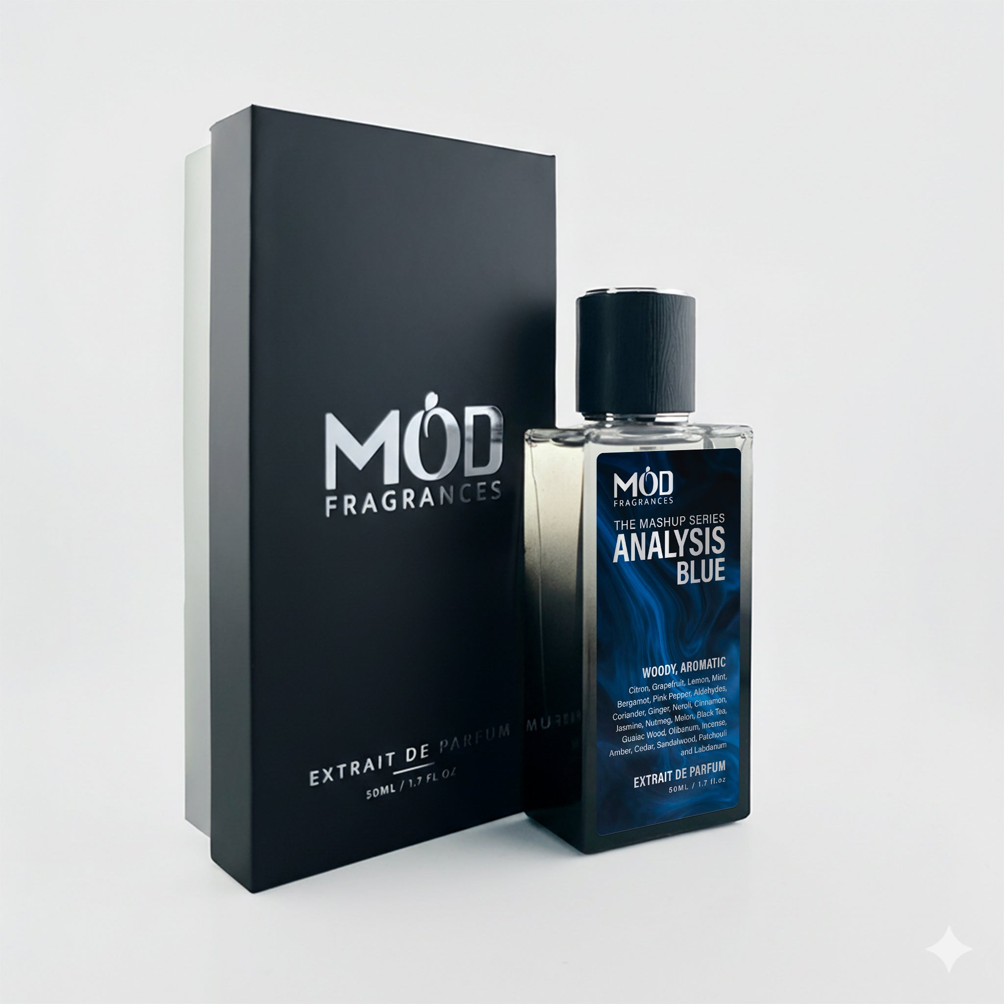 Möd Fragrances Analysis Blue perfume bottle and packaging on a light gray background