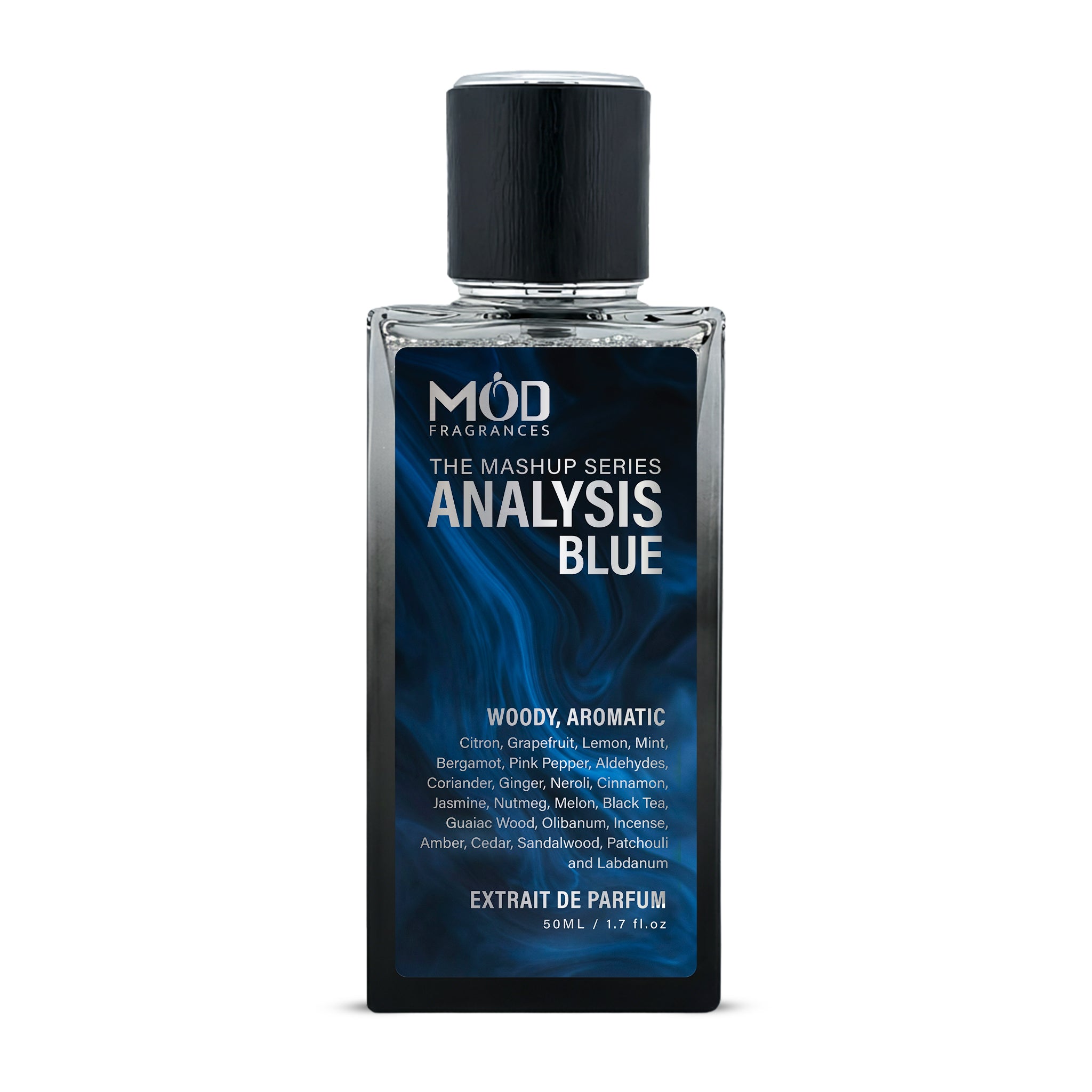 Analysis Blue - Hybrid Perfume Inspired by Imagination and Bleu De. Black Perfume bottle with Blue Label with Mod Fragrances Logo and Notes mentioned.