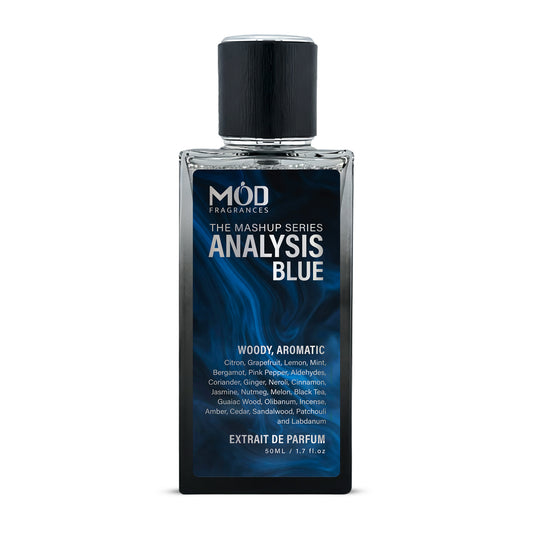 Analysis Blue - Hybrid Perfume Inspired by Imagination and Bleu De. Black Perfume bottle with Blue Label with Mod Fragrances Logo and Notes mentioned.
