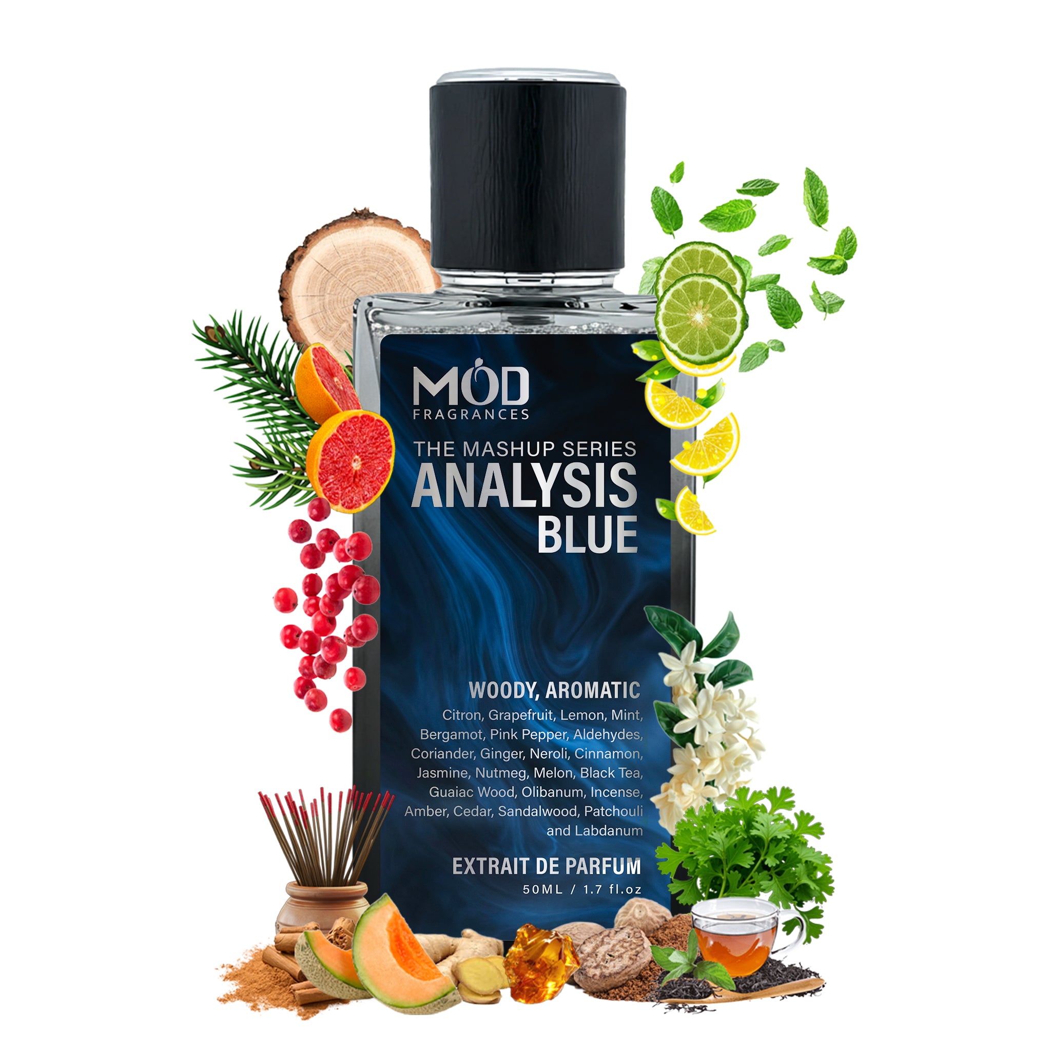 Perfume bottle labeled 'MOD Fragrances Analysis Blue' with botanical elements on a white background