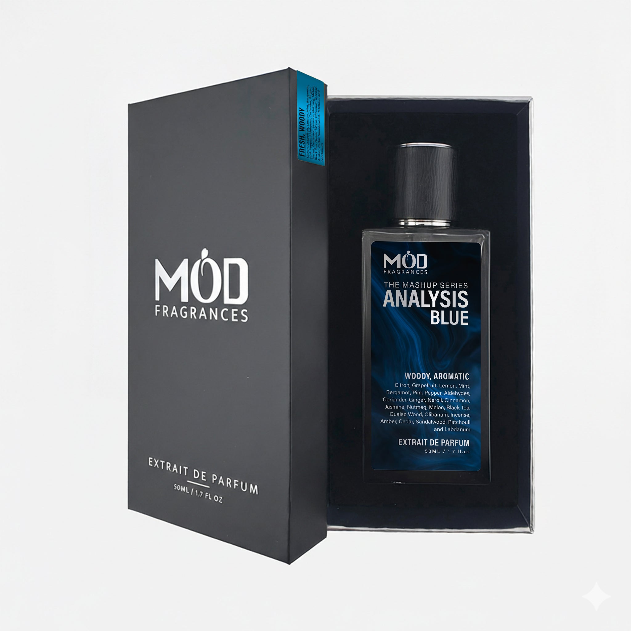 Analysis Blue - Hybrid Perfume Inspired by Imagination and Bleu De. Black Perfume bottle with Blue Label with Mod Fragrances Logo and Notes mentioned.