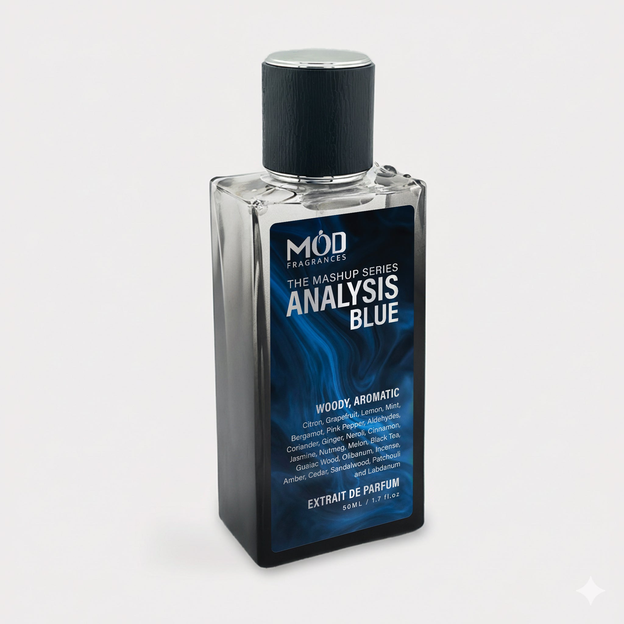 Bottle of MOD Fragrances Analysis Blue perfume on a white background