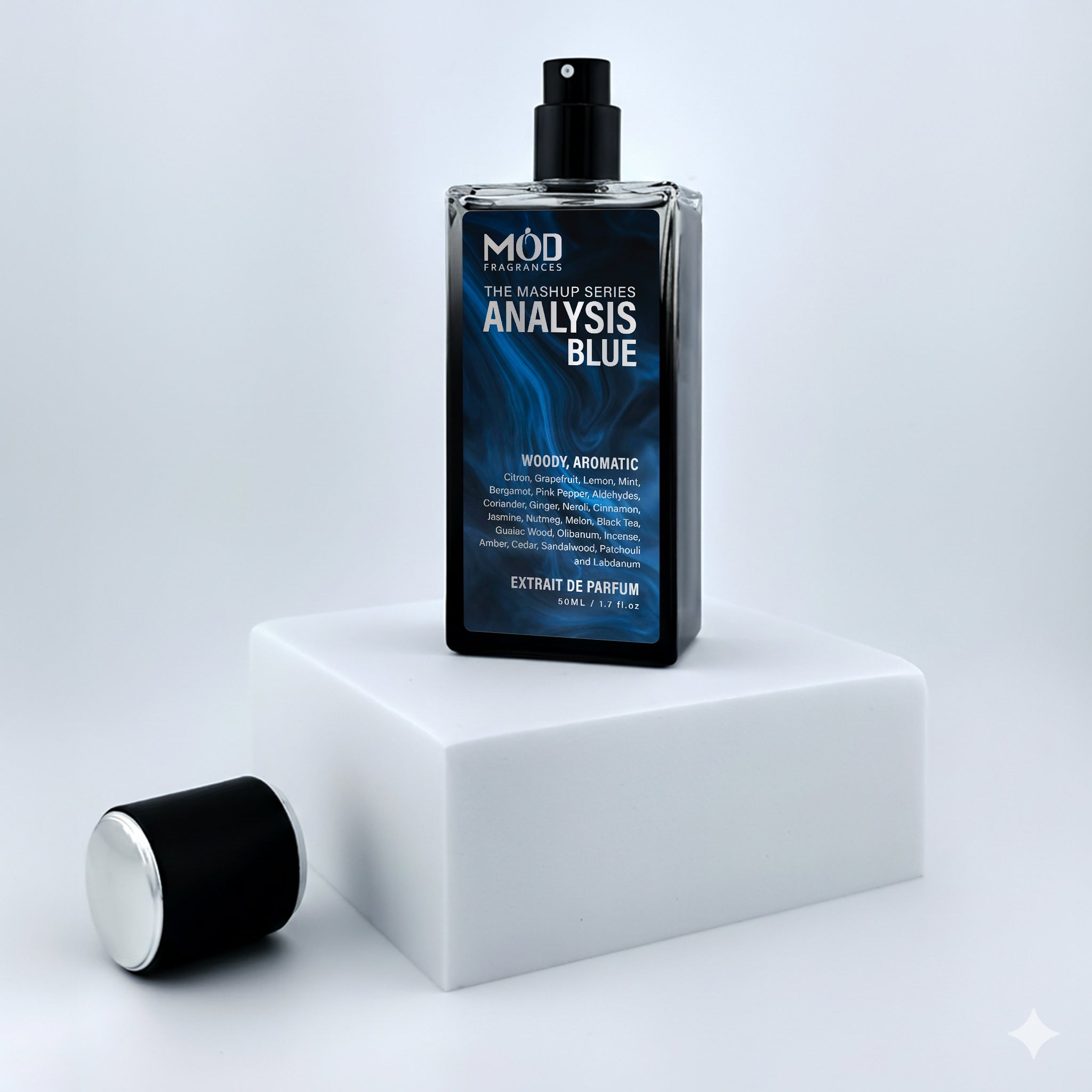 Perfume bottle labeled 'Analysis Blue' by Möd on a white platform with a light gray background