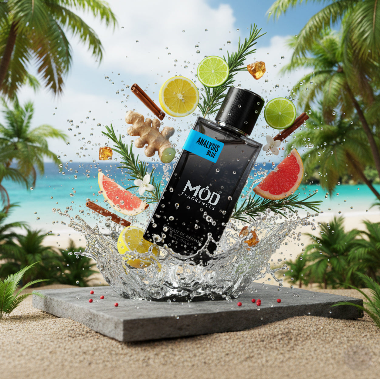 Perfume bottle with fruit and spice elements on a beach background