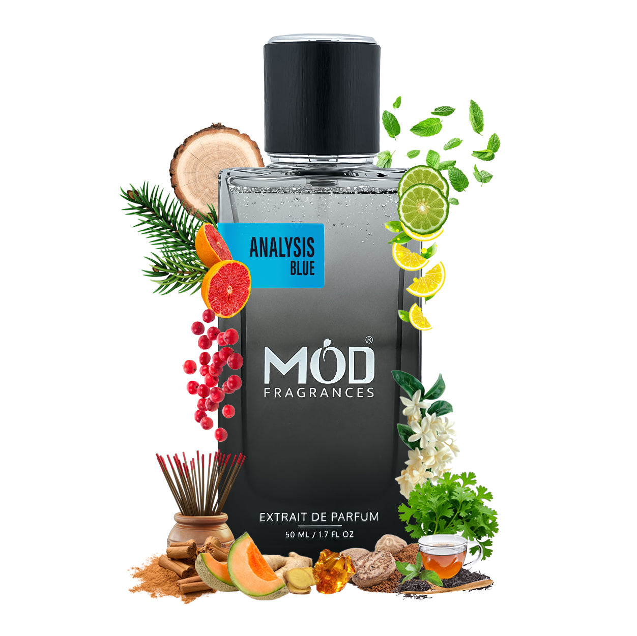 Black perfume bottle with 'MOD Fragrances' branding surrounded by various fruits and plants on a white background