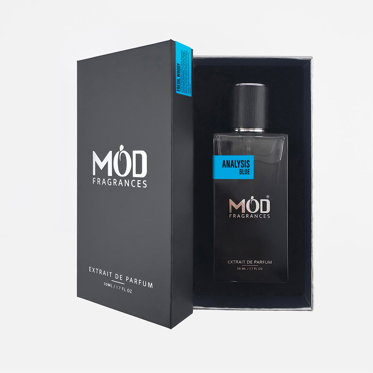Mod Fragrances Analysis Blue perfume bottle and packaging on a white background