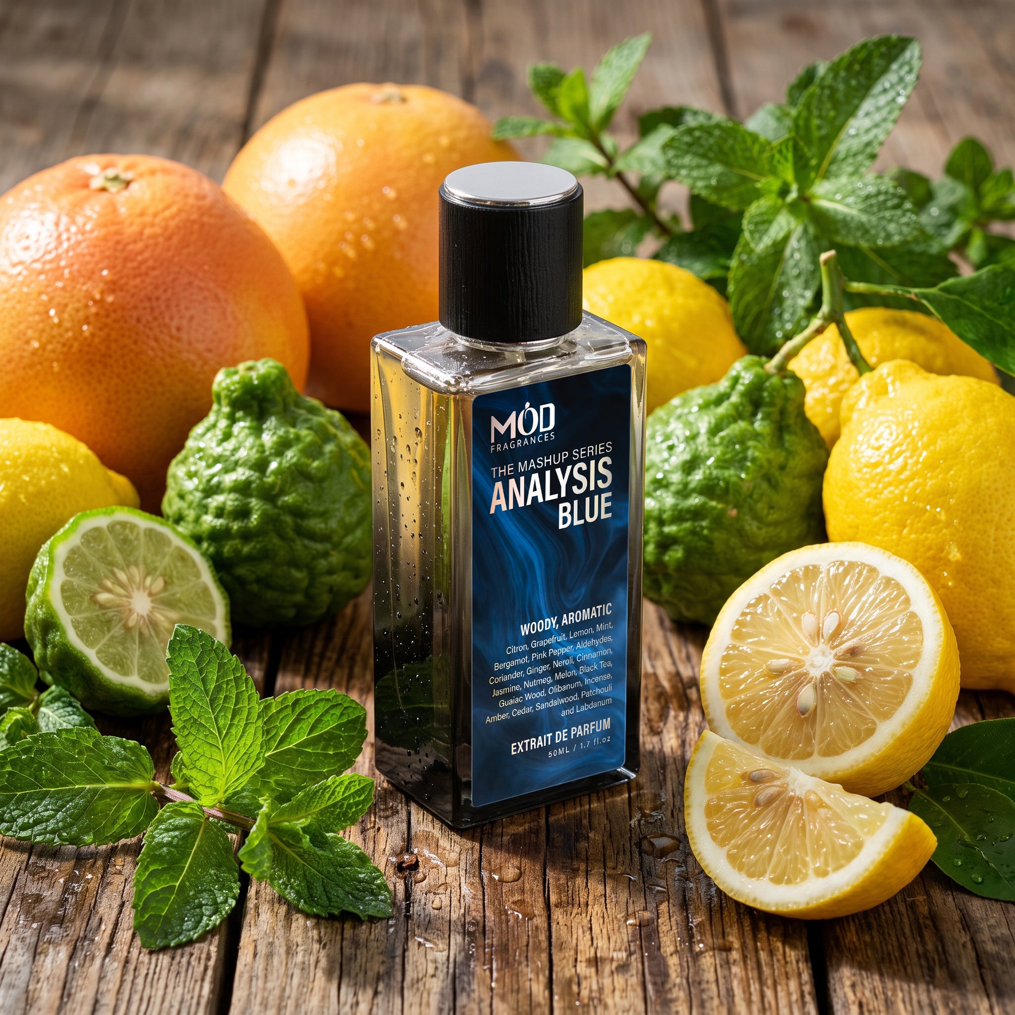 A rectangular glass perfume bottle by MOD Fragrances, labeled "Mashup series Analysis Blue" is placed wooden planks surface wet by dew drops and surrounded by various ingredients like fresh juicy bergamots, fresh lemon, fresh mandarin and grapefruits with patchouli leaves