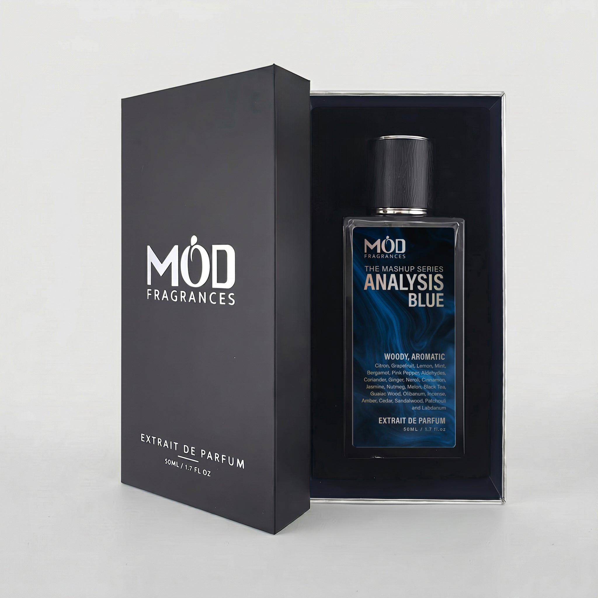 An open black perfume box reveals a rectangular glass bottle labeled "Mashup series Analysis Blue" by MOD Fragrances, resting securely in a black-lined presentation case.