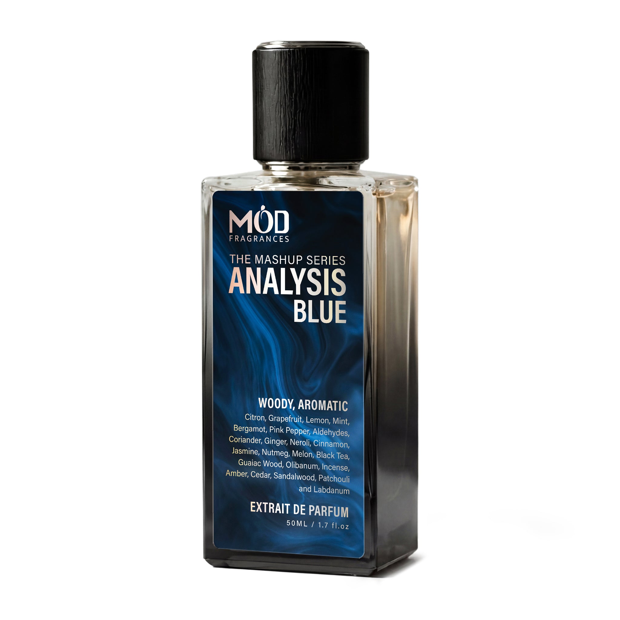 A rectangular glass perfume bottle by MOD Fragrances, labeled "Mashup series Analysis Blue", stands centered against a plain white background, featuring a black cap and a gradient black-to-clear glass finish. 