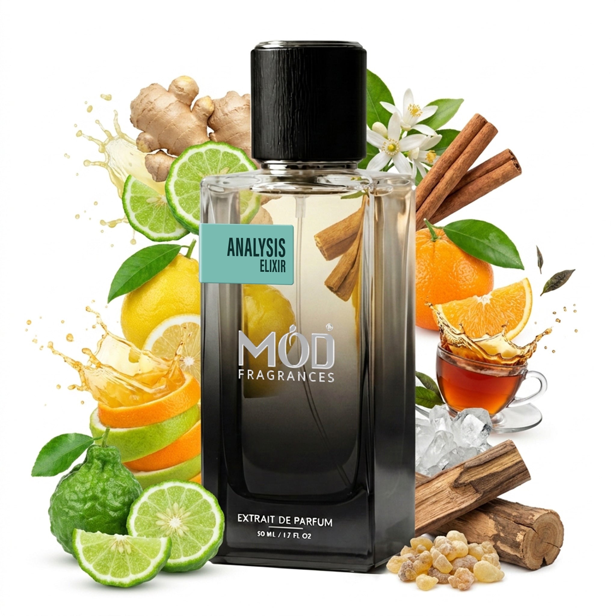A glass perfume bottle by MOD Fragrances, labeled "Analysis Elixir," is surrounded by a vibrant artistic arrangement of its fragrance ingredients, including ginger, citrus fruits, cinnamon sticks, orange slices, and tea, against a white background.