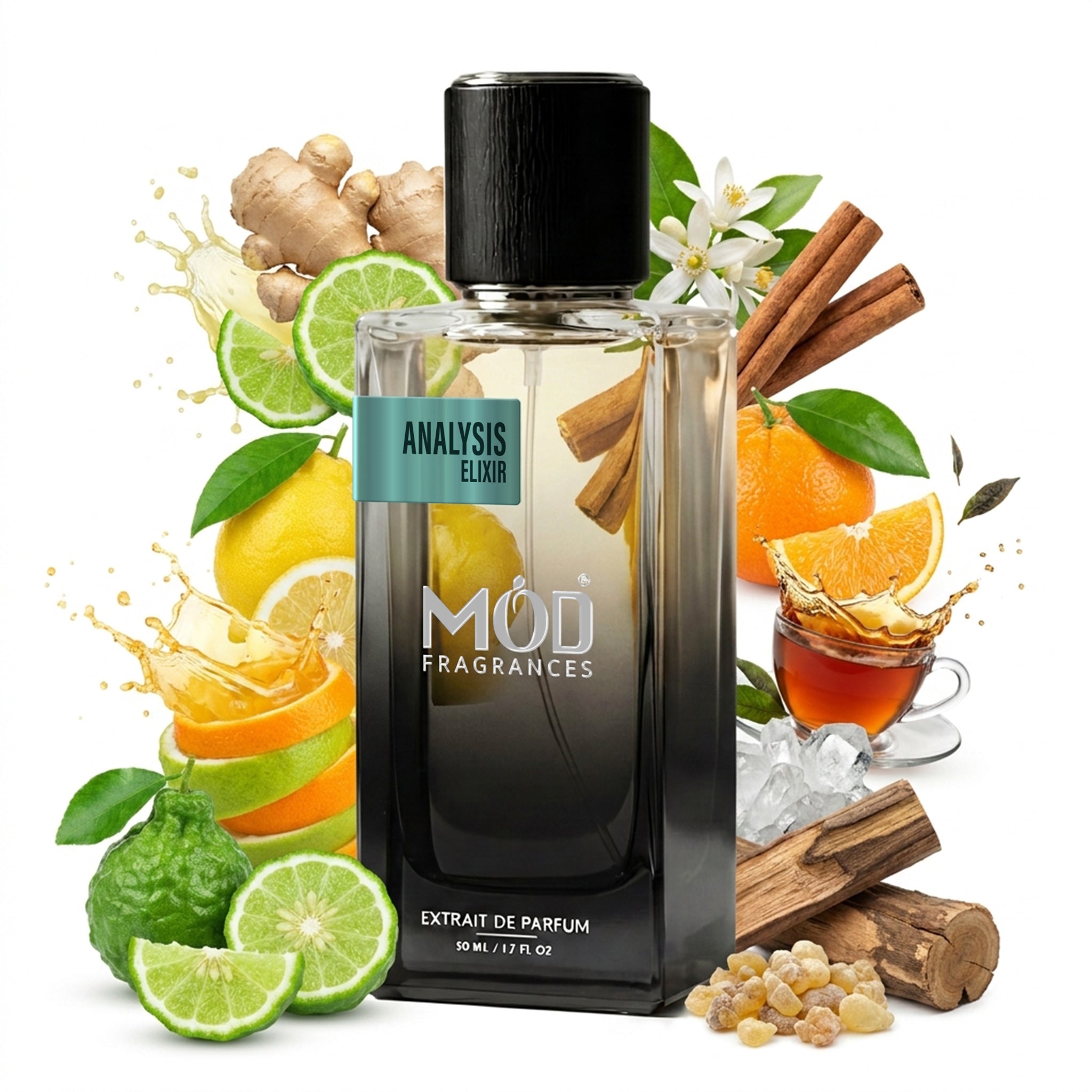 A glass perfume bottle by MOD Fragrances, labeled "Analysis Elixir," is surrounded by a vibrant artistic arrangement of its fragrance ingredients, including ginger, citrus fruits, cinnamon sticks, orange slices, and tea, against a white background.