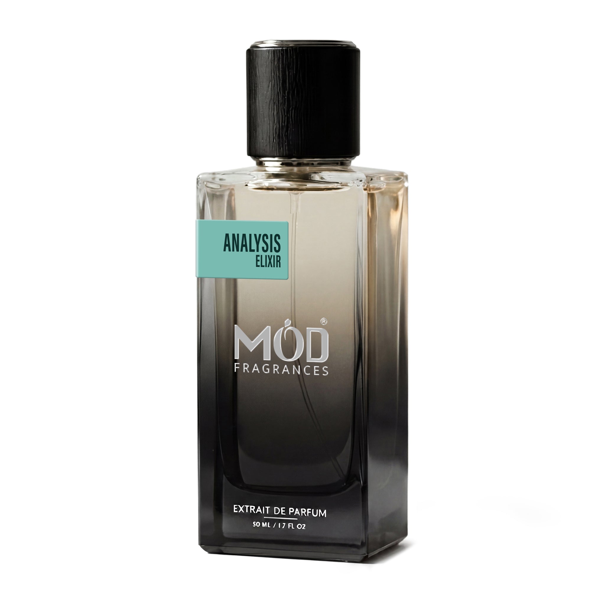 A rectangular glass perfume bottle by MOD Fragrances, labeled "Analysis Elixir," stands centered against a plain white background, featuring a black cap and a gradient black-to-clear glass finish.