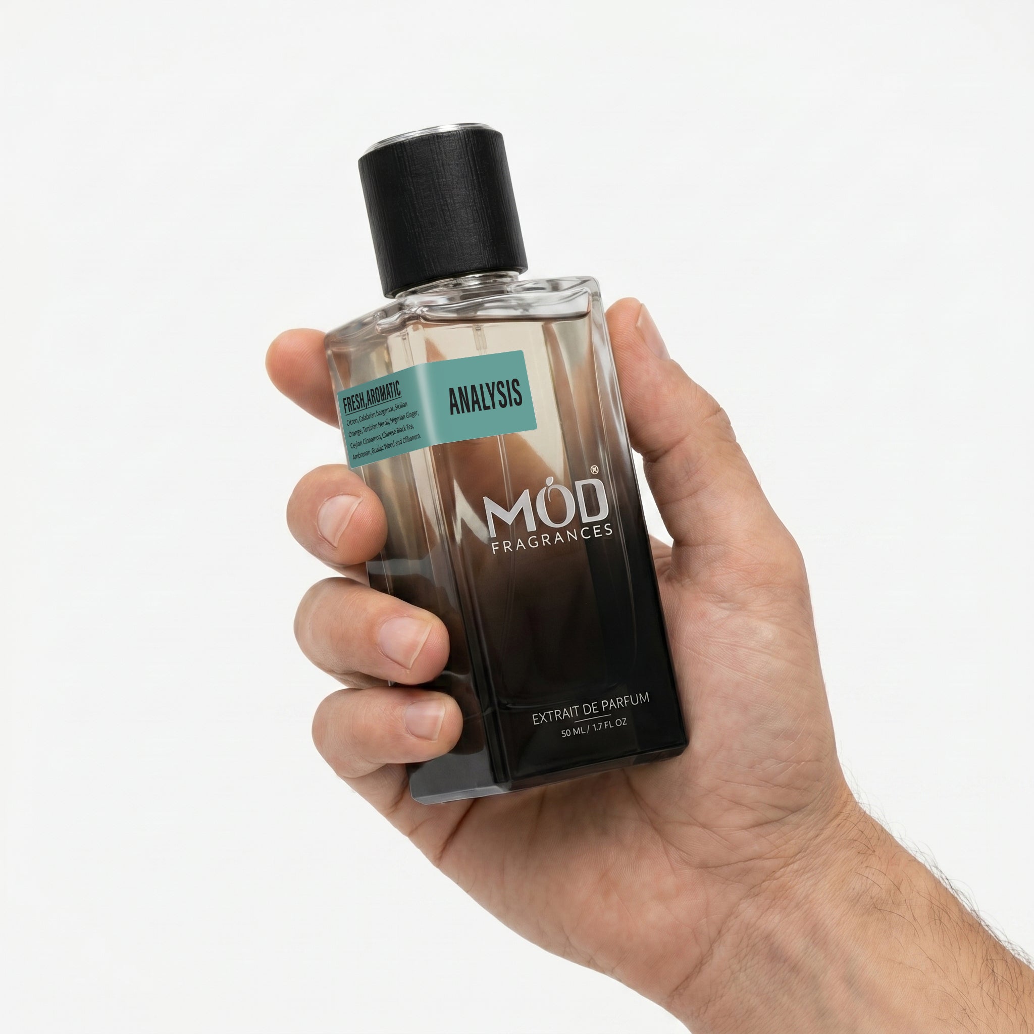 A person's hand holds a rectangular glass perfume bottle by MOD Fragrances, labeled "Analysis" against a plain white background.