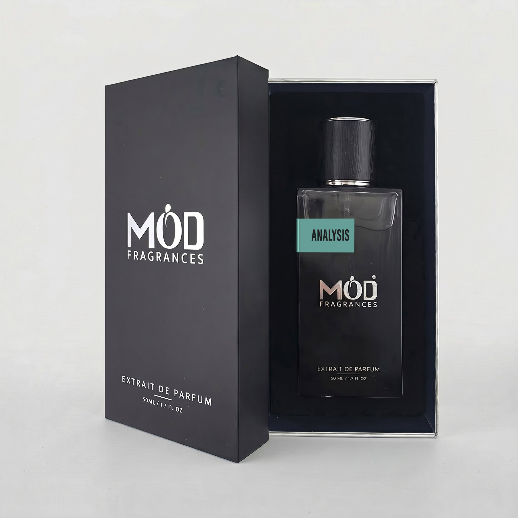 An open black perfume box reveals a rectangular glass bottle labeled "Analysis" by MOD Fragrances, resting securely in a black-lined presentation case.