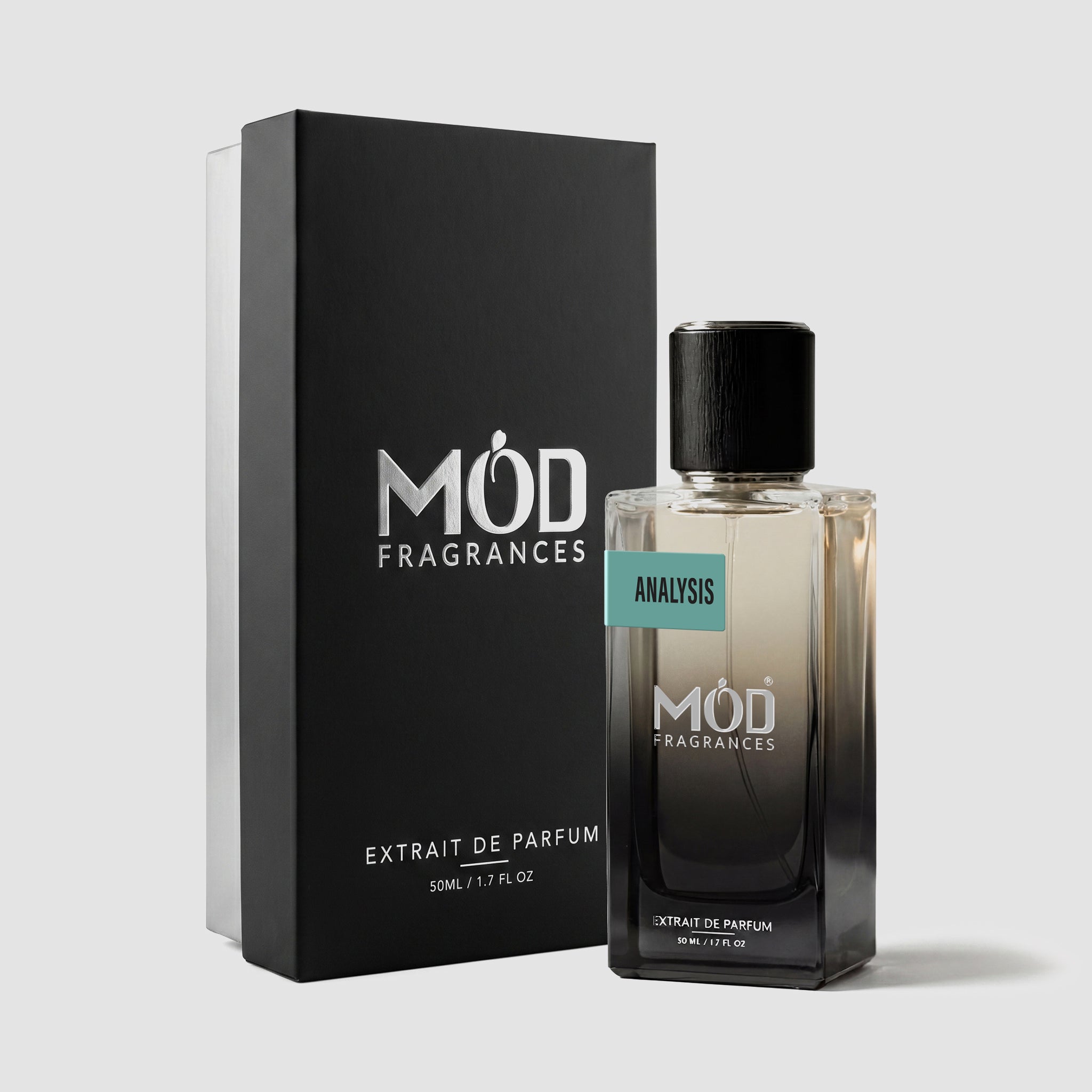 A rectangular perfume bottle by MOD Fragrances, labeled "Analysis" is positioned next to its closed, upright black display box on a light grey background.
