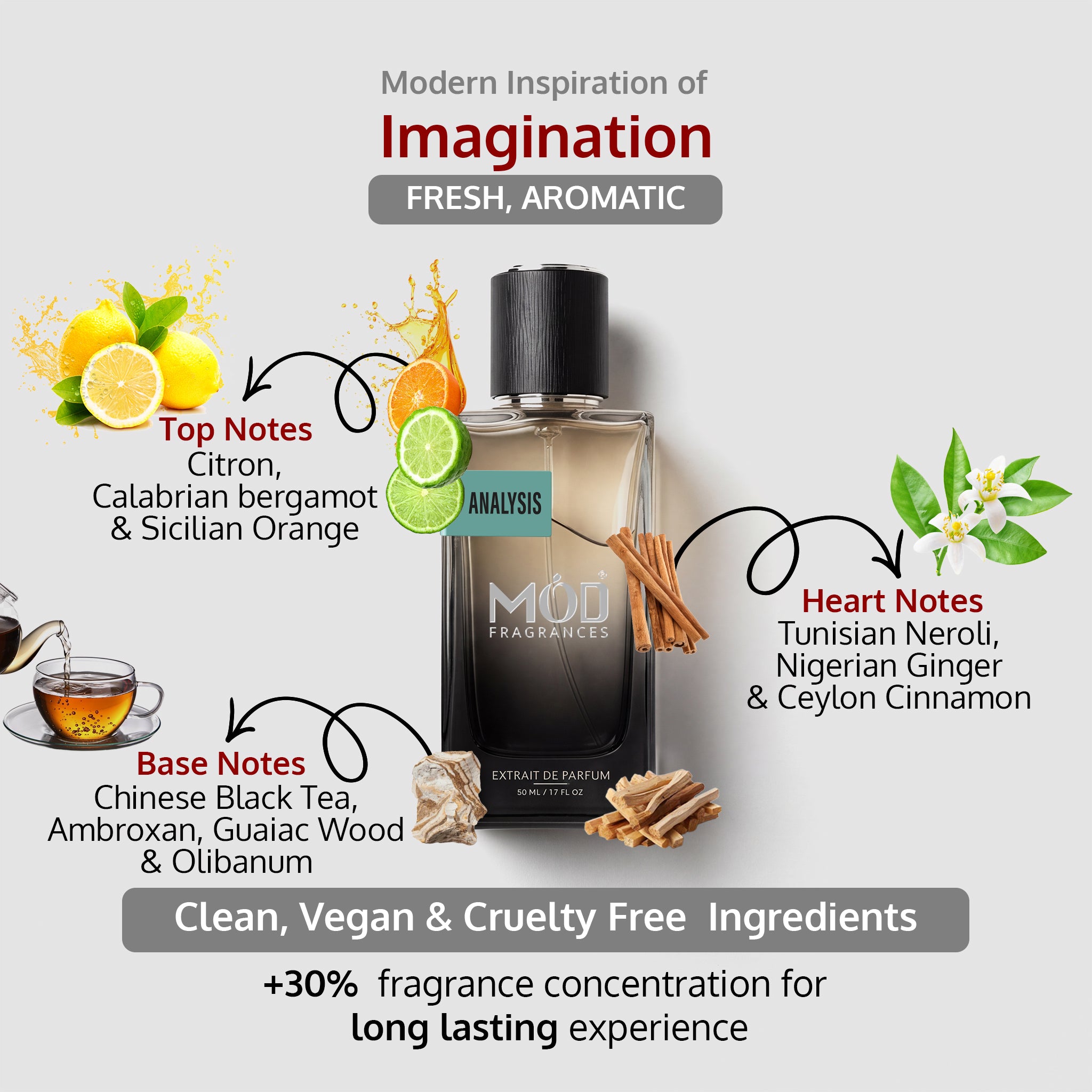 An informational graphic for MOD Fragrances' "Analysis" displays the bottle in the center, with arrows pointing to the top, heart, and base notes, listing ingredients like bergamot, ginger, and black tea, and highlighting its clean, vegan, and cruelty-free composition.