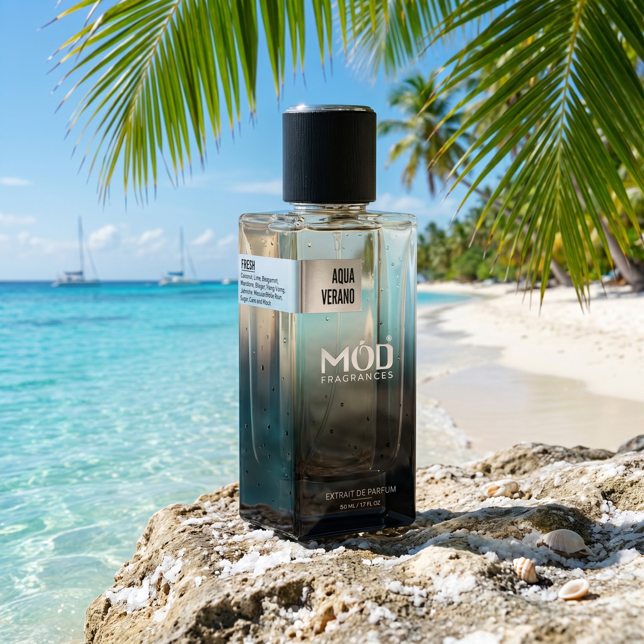 A rectangular glass perfume bottle by MOD Fragrances, labeled "Aqua Verano" is placed on coral rock stone, beachside of lush tropical beach with crystal clear blue water.