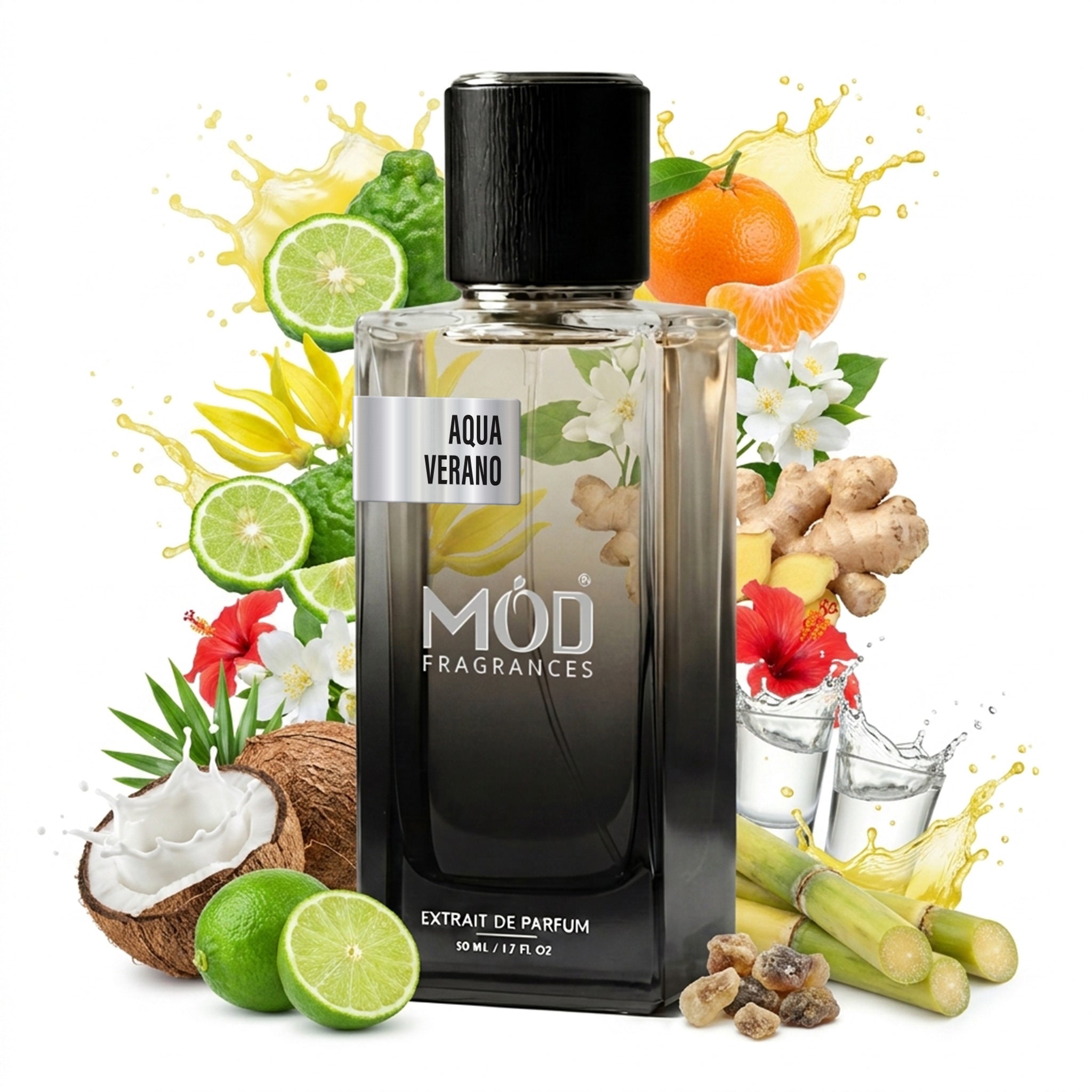 A glass perfume bottle by MOD Fragrances, labeled "Aqua Verano" is surrounded by a vibrant artistic arrangement of its fragrance ingredients, including bergamot, mandarin, coconut, sugarcane, jasmine, white rum, ginger, ylang ylang, hibiscus and white musk. against a white background.