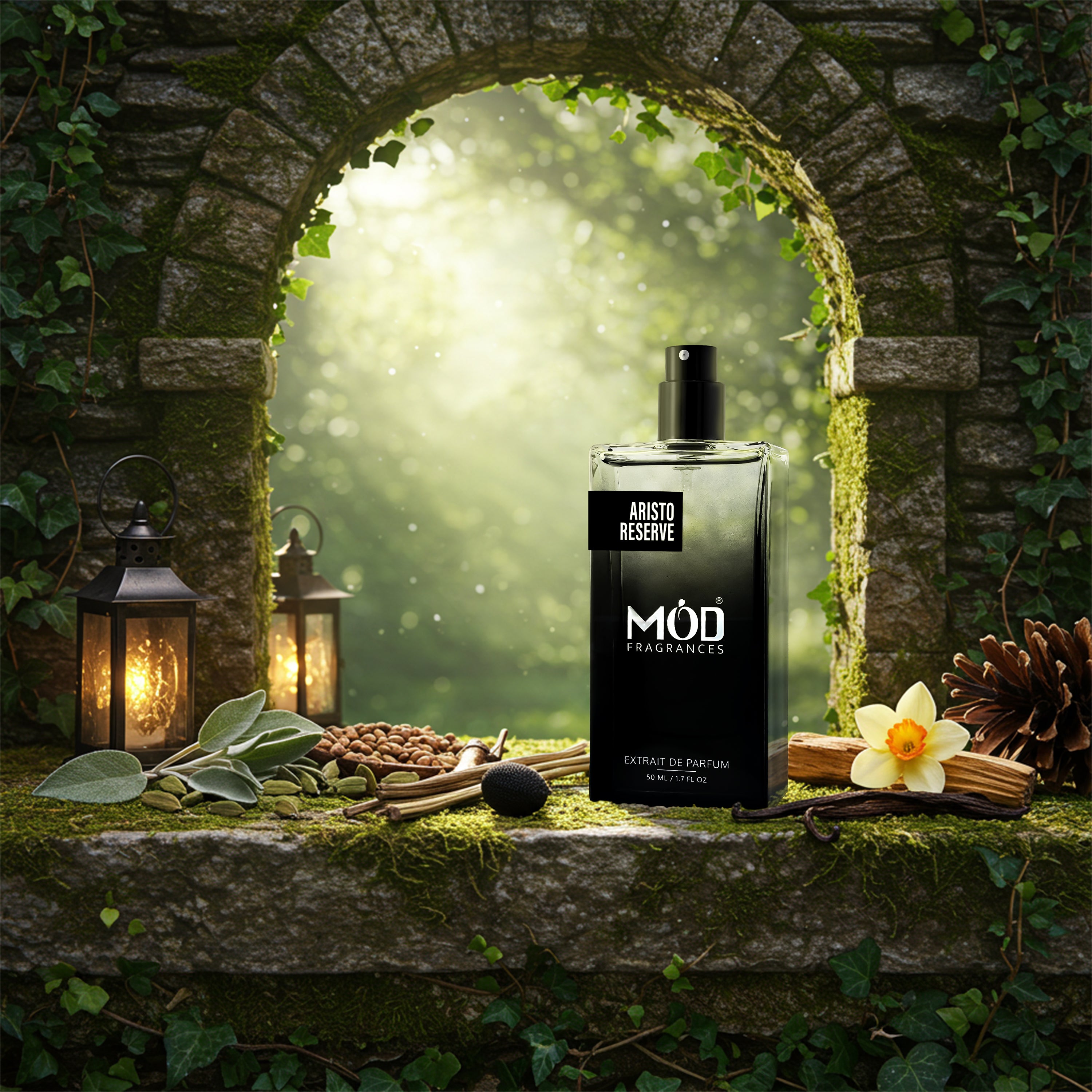 Möd Fragrances bottle on a stone ledge with a mystical background