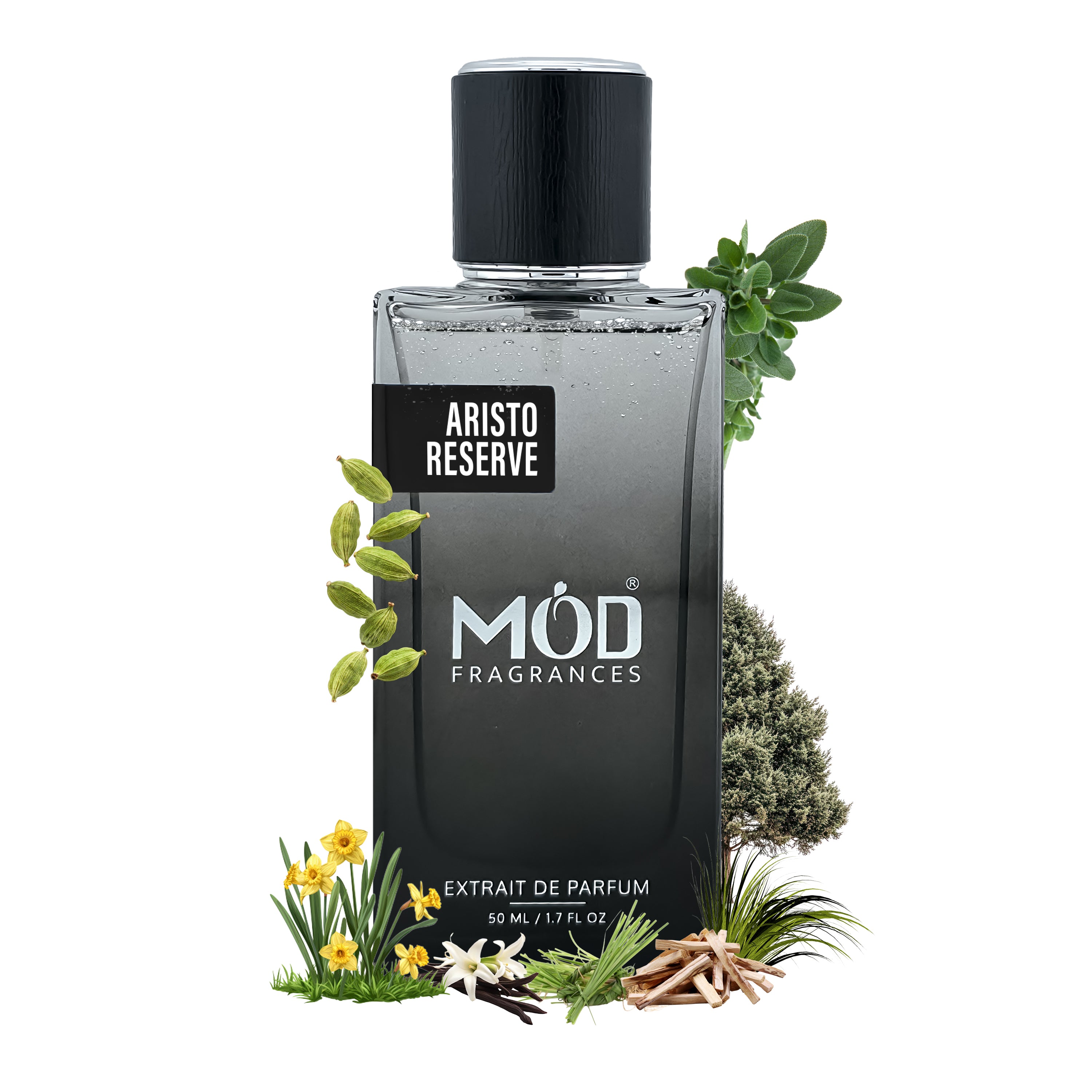 Aristo Reserve Möd Fragrances bottle with natural elements on a white background
