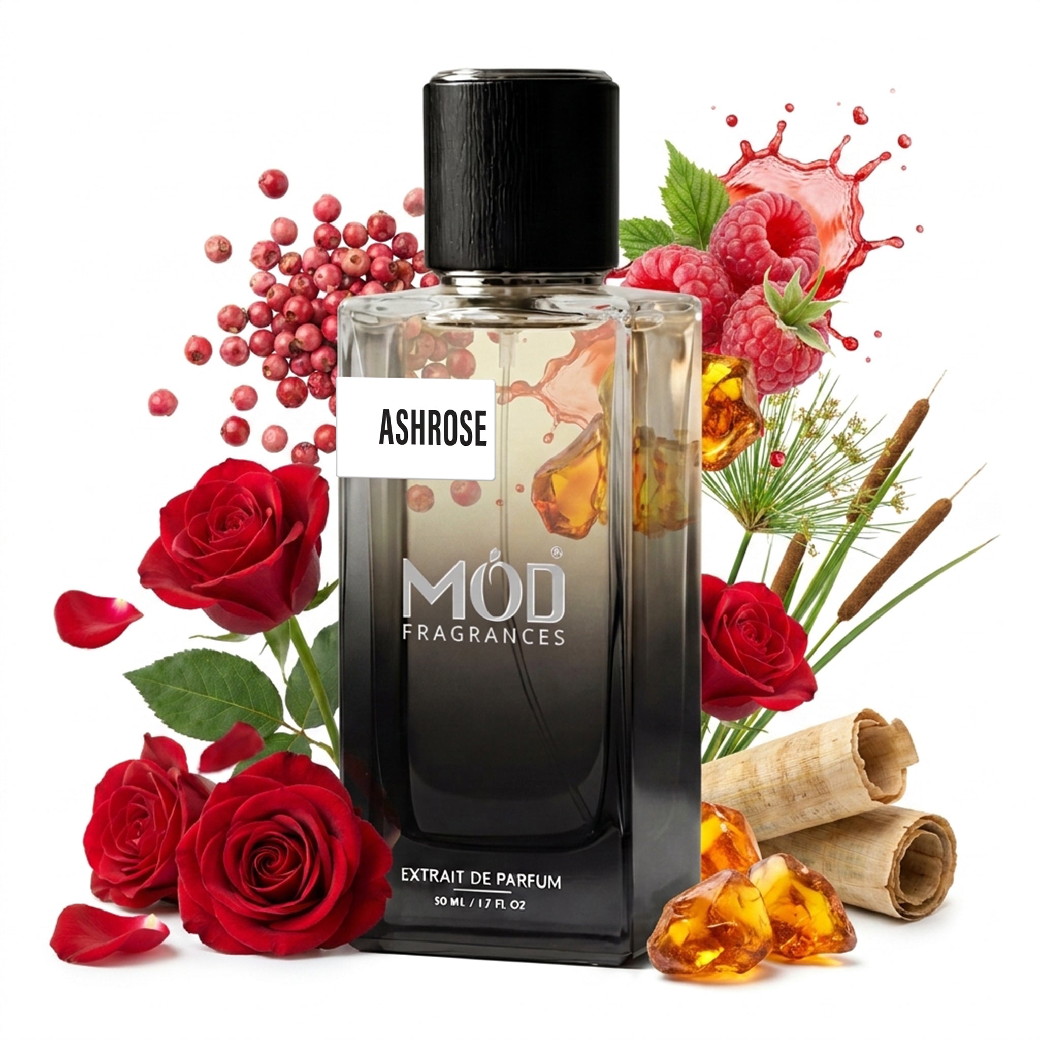A glass perfume bottle by MOD Fragrances, labeled “AshRose” is surrounded by a vibrant artistic arrangement of its fragrance ingredients, including Turkish red rose, pink pepper, red rose, raspberry bloom and its juice splash, papyrus & Amber. against a white background.