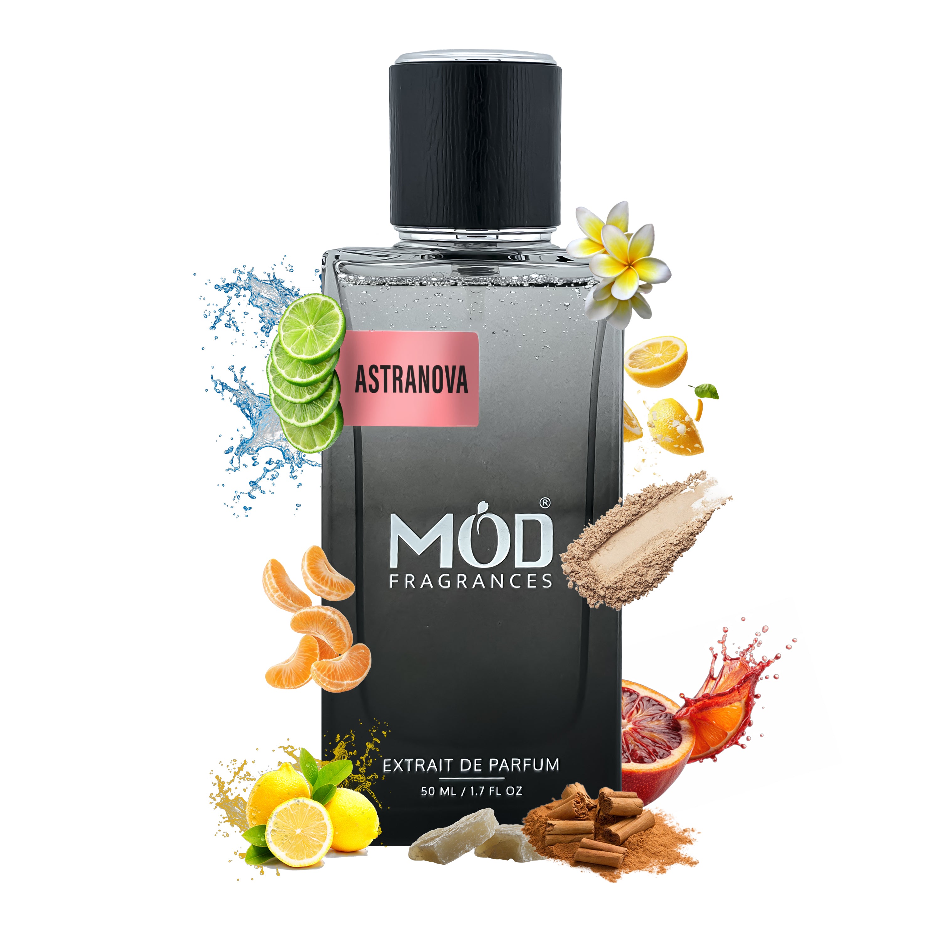 city of stars dupe Astranova MOD Fragrances perfume bottle with fruit and flower elements on a white background
